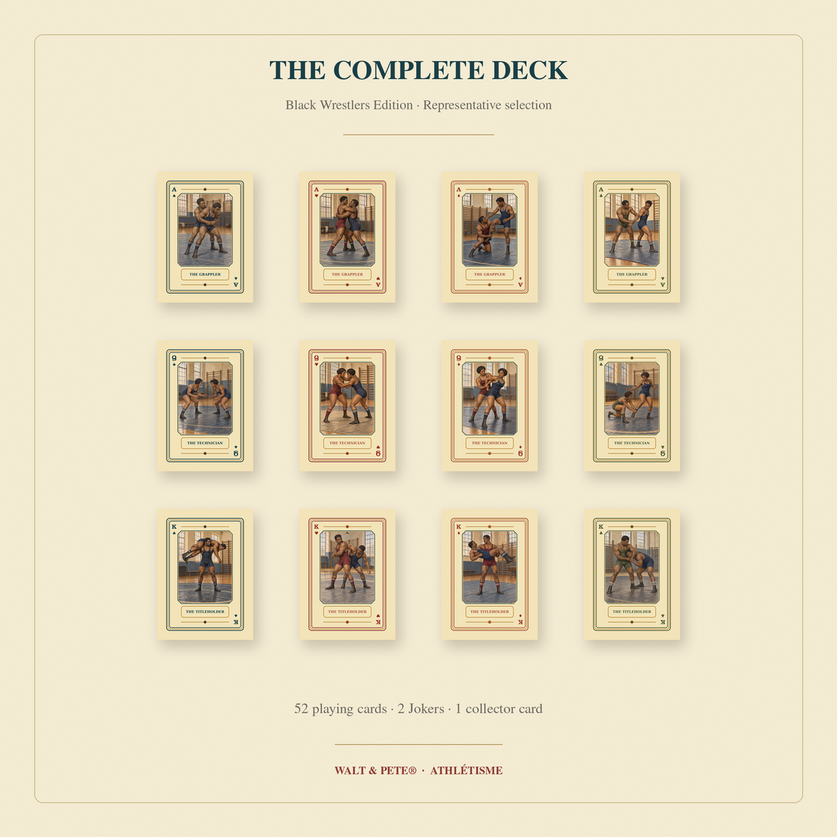Representative Black Wrestlers cards, with the deck’s 52 playing cards, two Jokers, and one collector card listed.