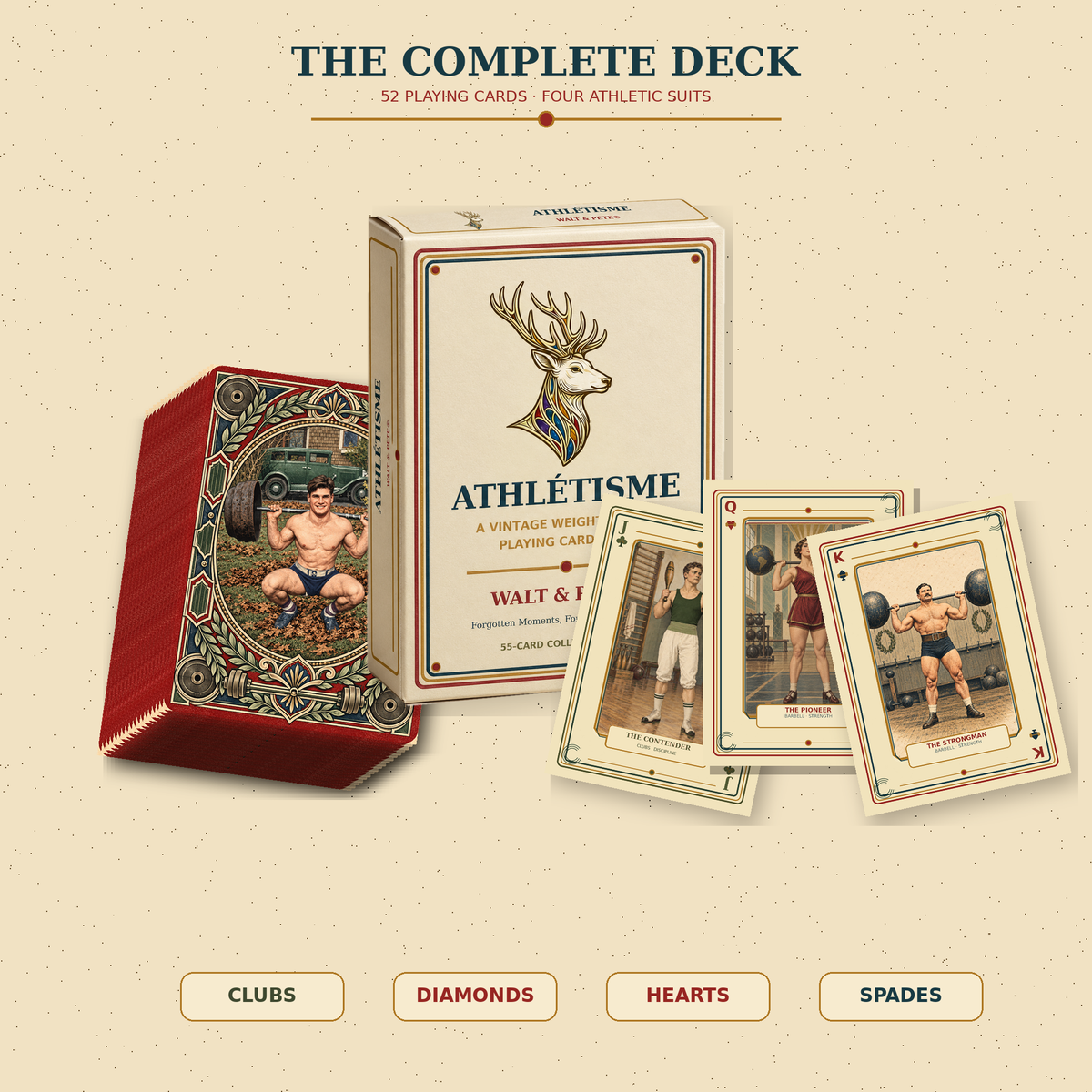 Complete Athlétisme 52-card weightlifting deck with illustrated tuck box, ornate card backs, and vintage athlete court cards.