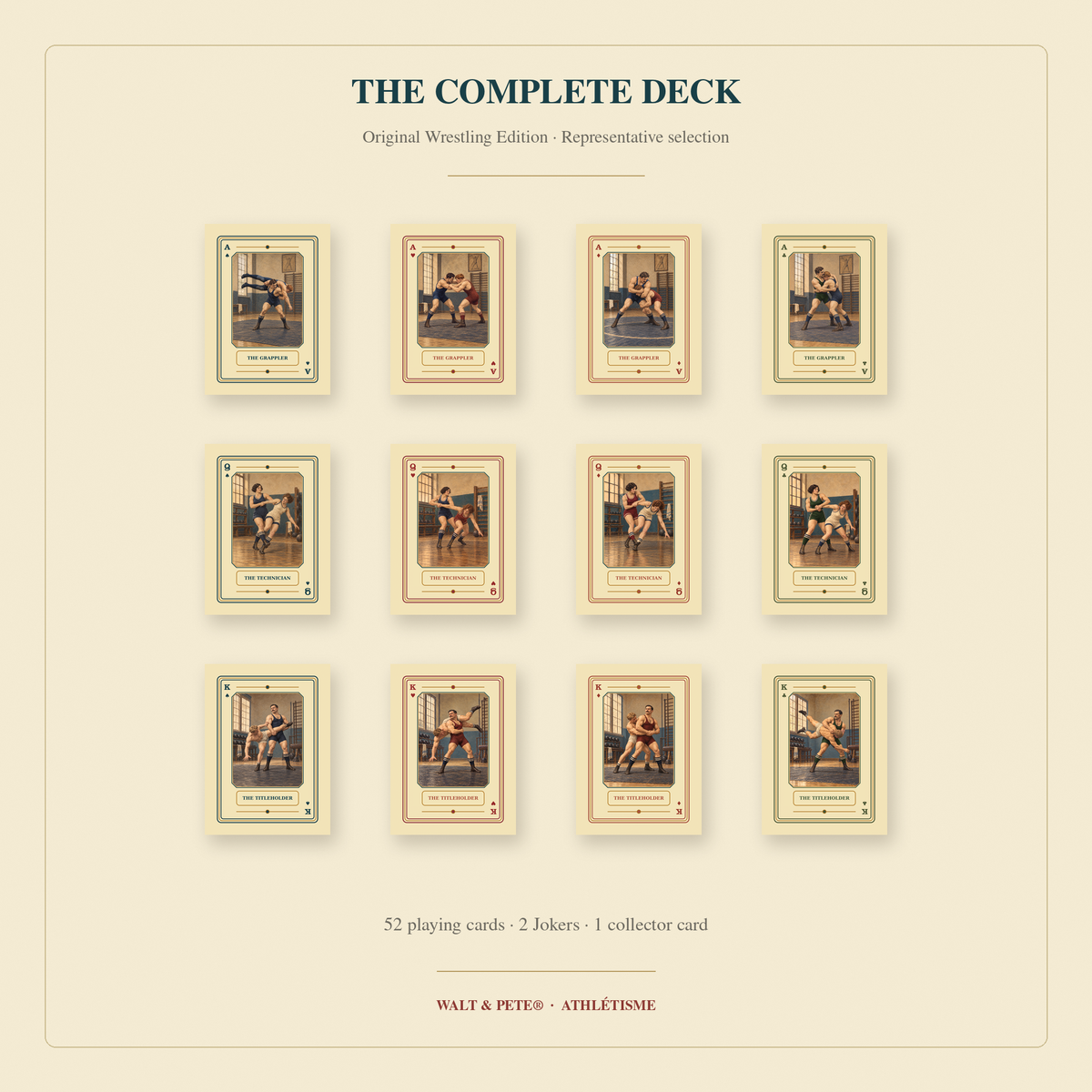 Representative Athlétisme Wrestling cards, with the deck’s 52 playing cards, two Jokers, and one collector card listed.