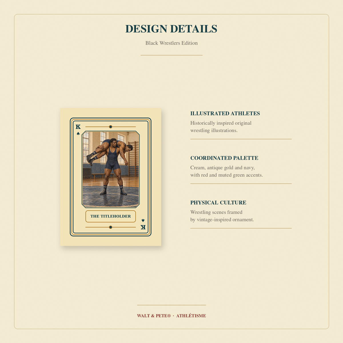 Enlarged Black wrestlers card beside callouts about the deck’s original illustrations, sporting theme, and palette.