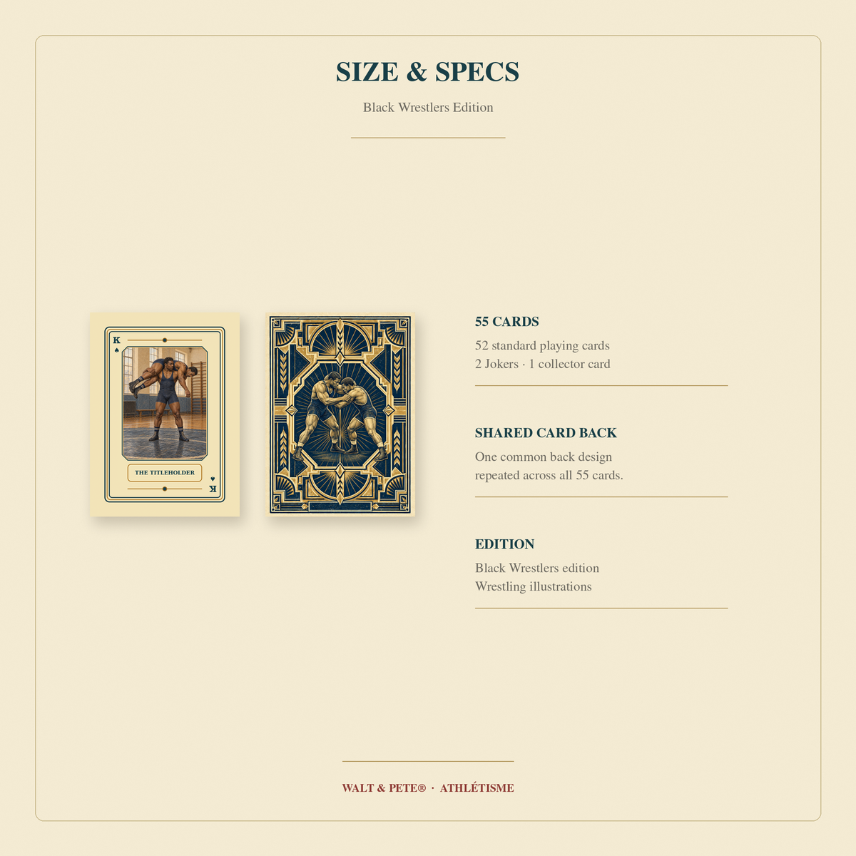 Black Wrestlers card face and navy-and-gold illustrated back beside a summary of the deck’s 55-card contents.