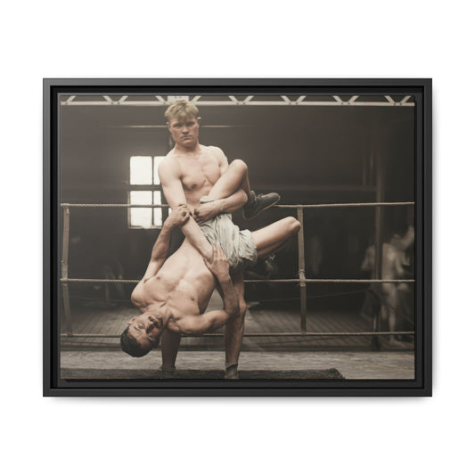Framed matte canvas wall art showing an early 20th-century wrestling hold in gym setting 