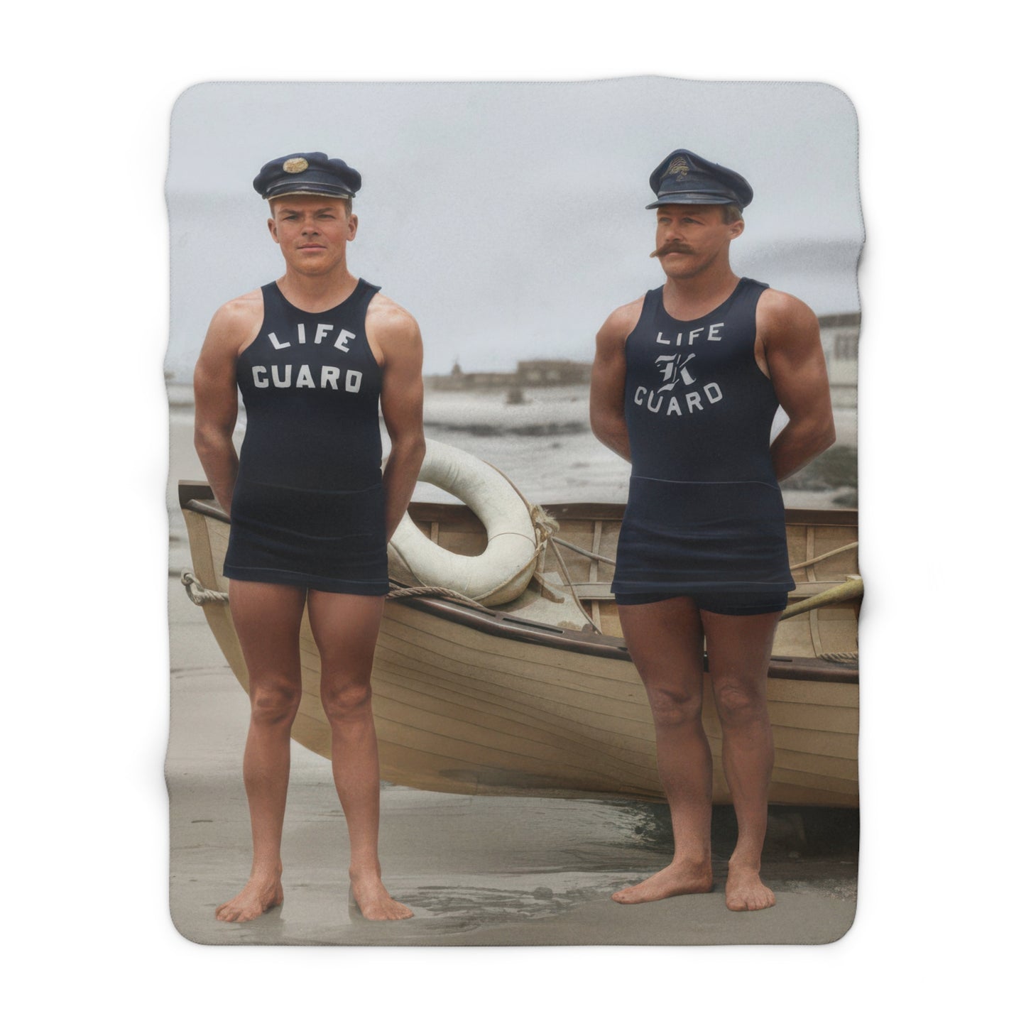 Historical coastal sherpa throw with restored lifeguard bathing uniform imagery 