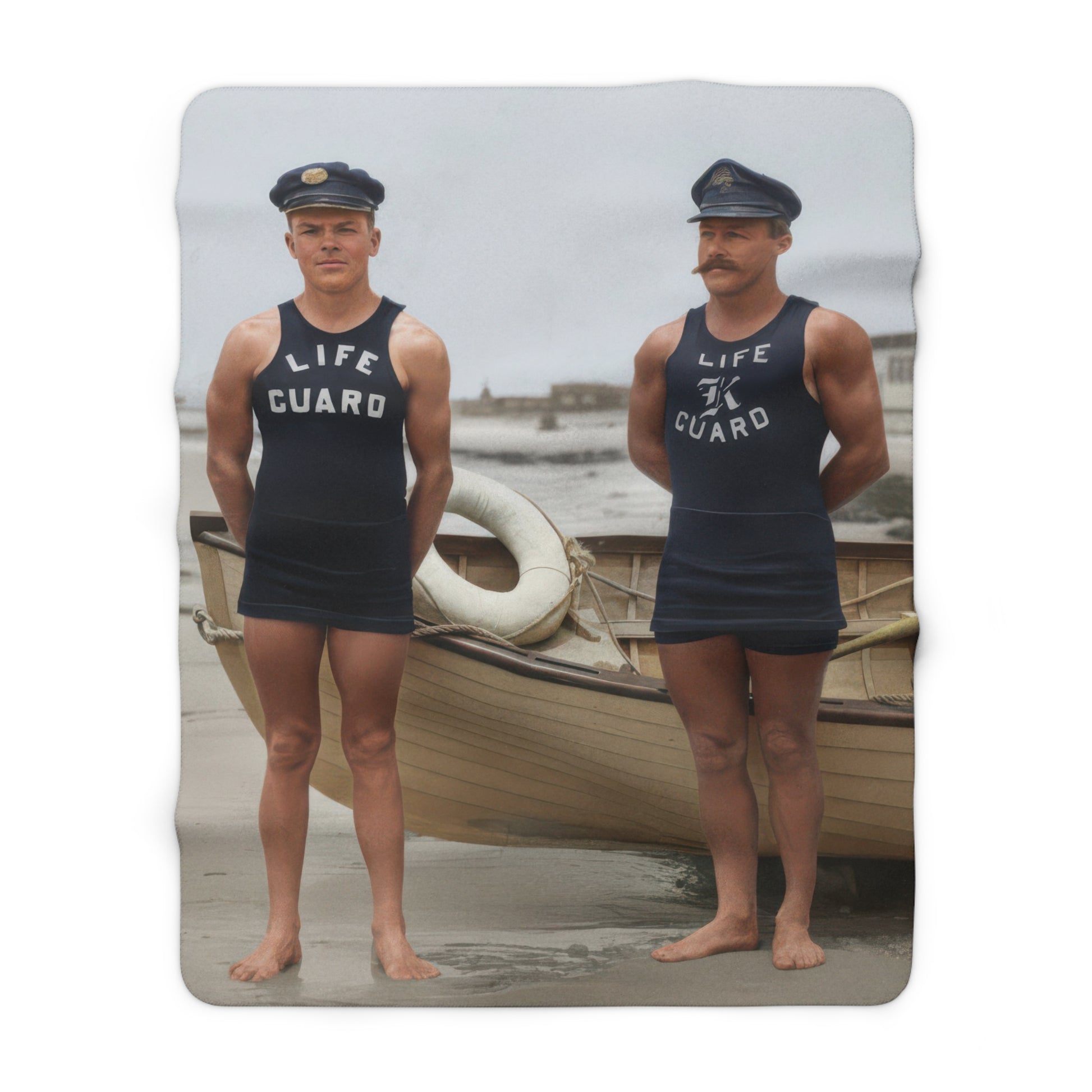 Historical coastal sherpa throw with restored lifeguard bathing uniform imagery 