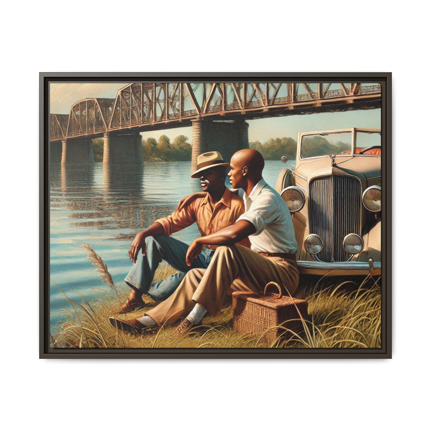 Vintage-style painting of an African-American gay couple in the 1930s by the Mississippi River with a Packard car, celebrating love and resilience.