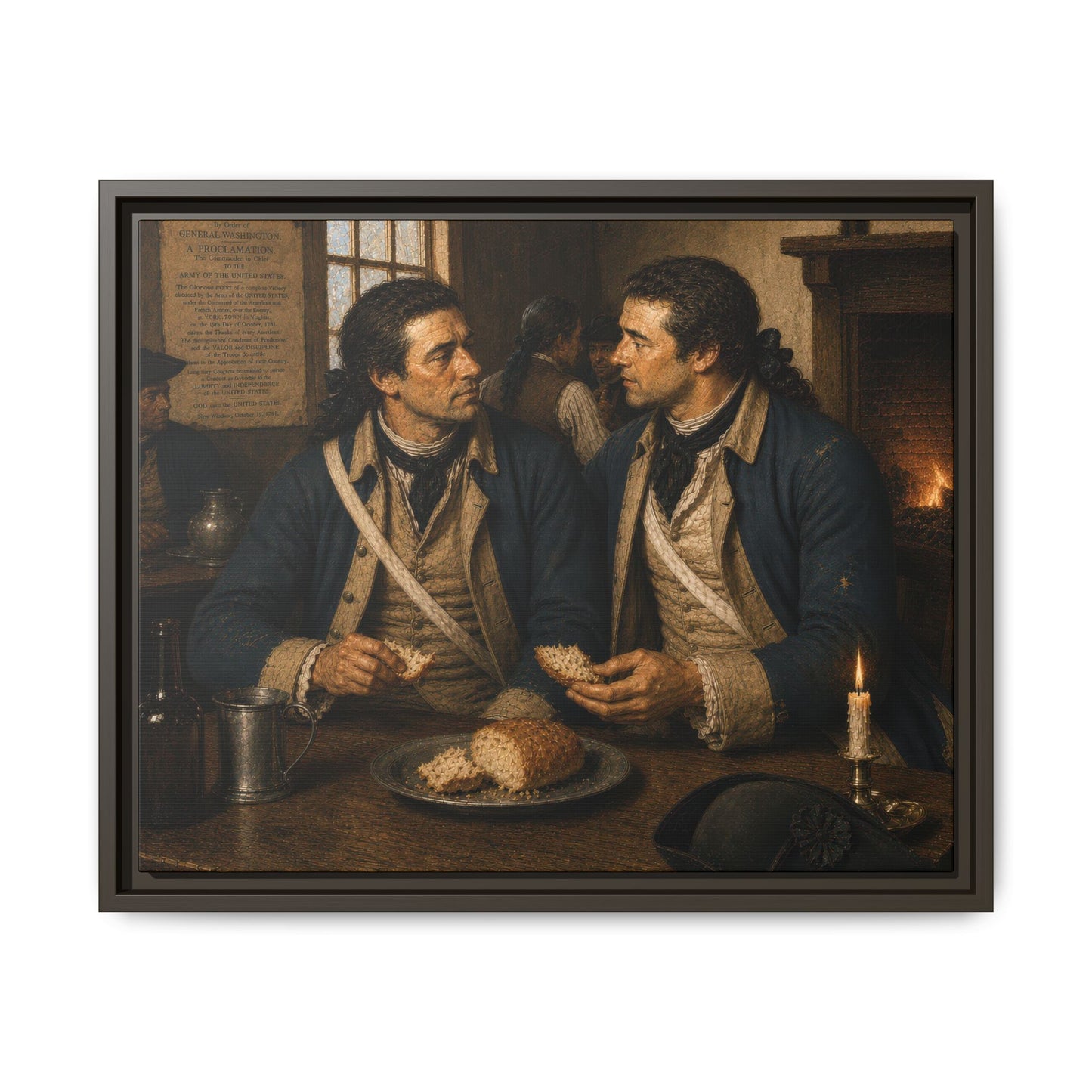 Continental Army soldiers seated at a tavern table beneath Washington's Yorktown proclamation in a Revolutionary War historical portrait.