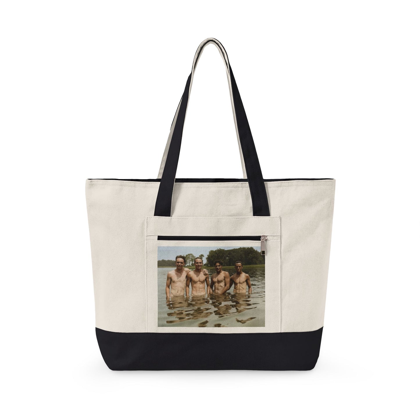 Zippered canvas tote with vintage lake swimming photograph 