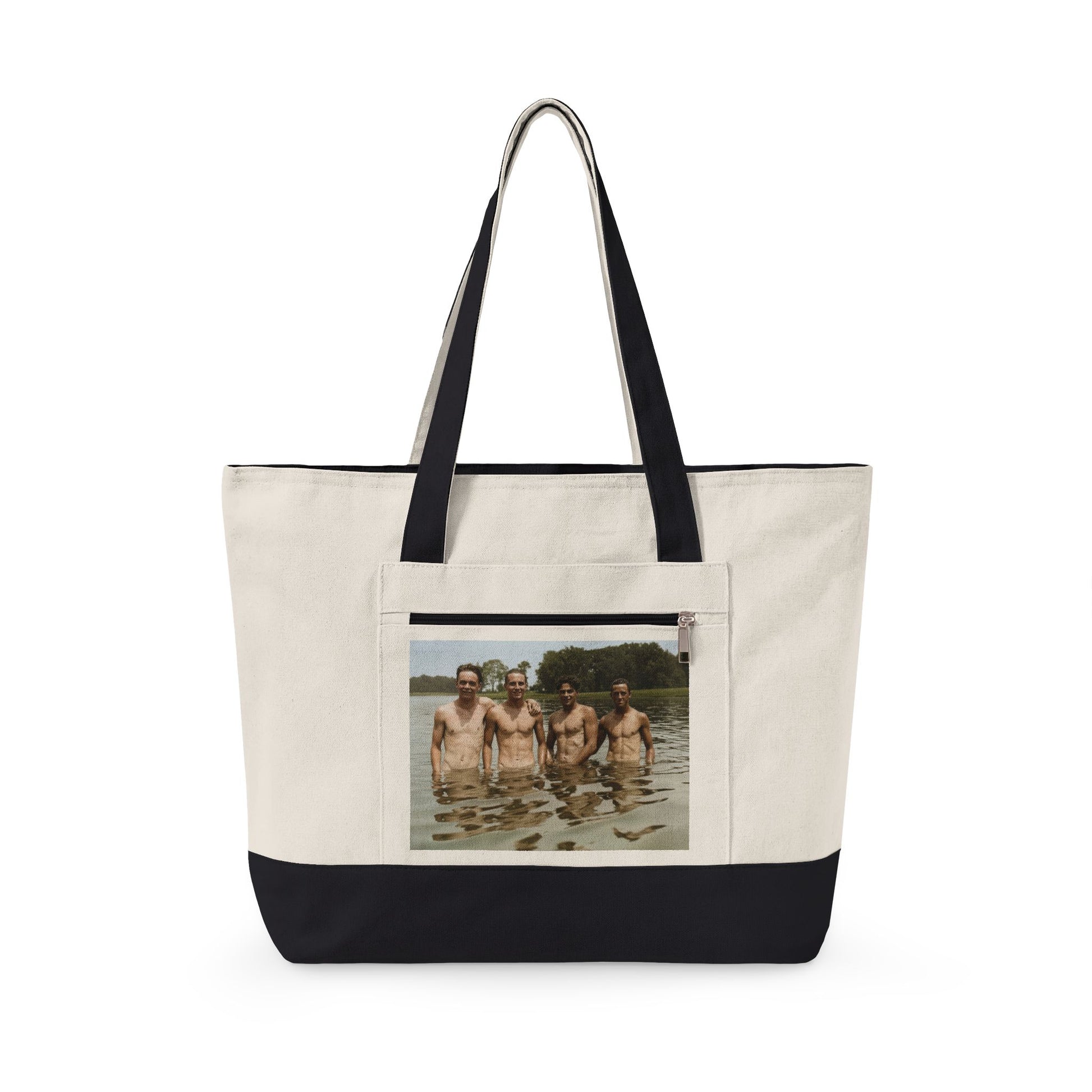 Zippered canvas tote with vintage lake swimming photograph 