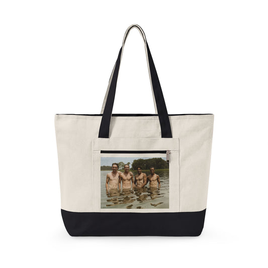 Zippered canvas tote with vintage lake swimming photograph 