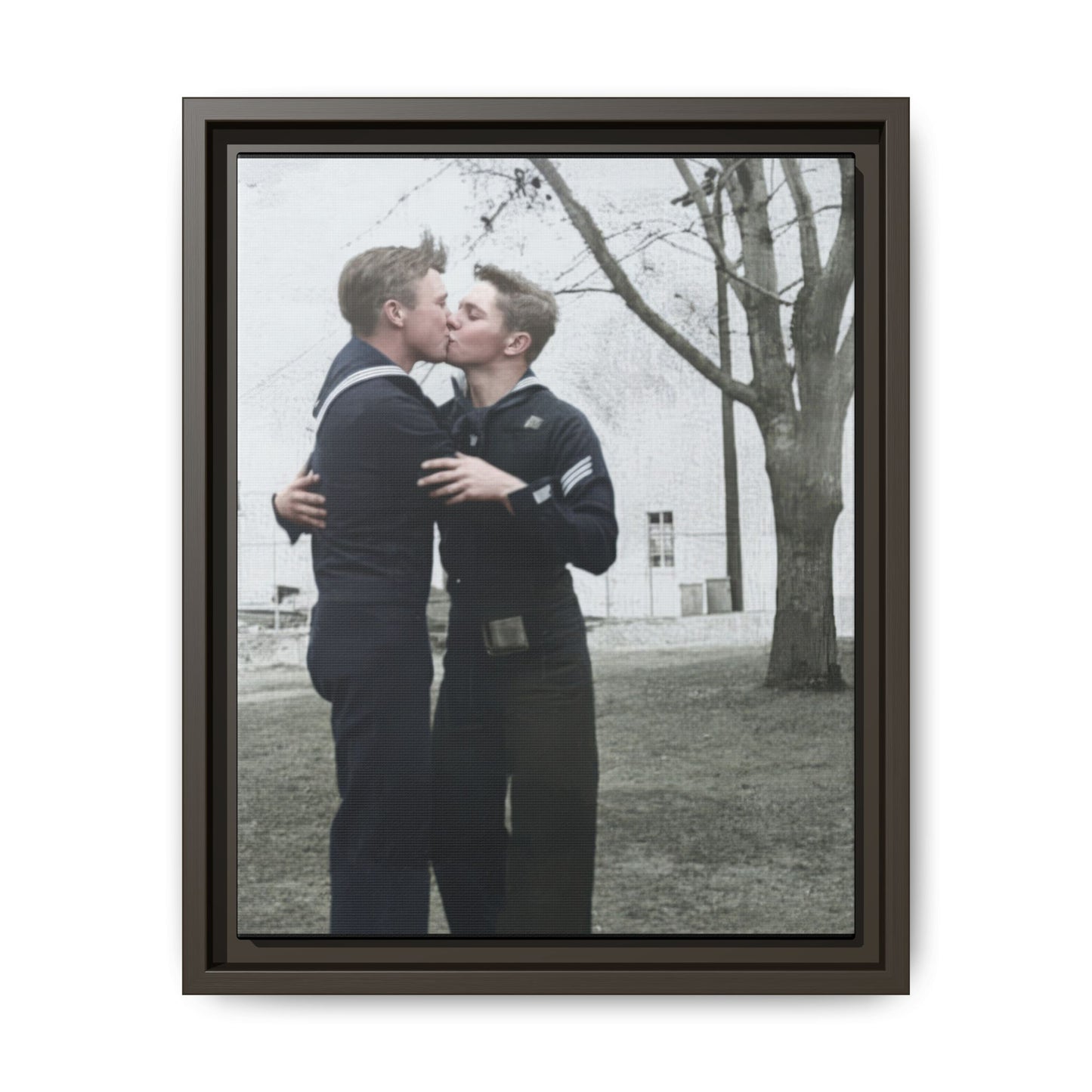 Vintage naval double portrait reproduced as framed canvas wall art in an outdoor setting