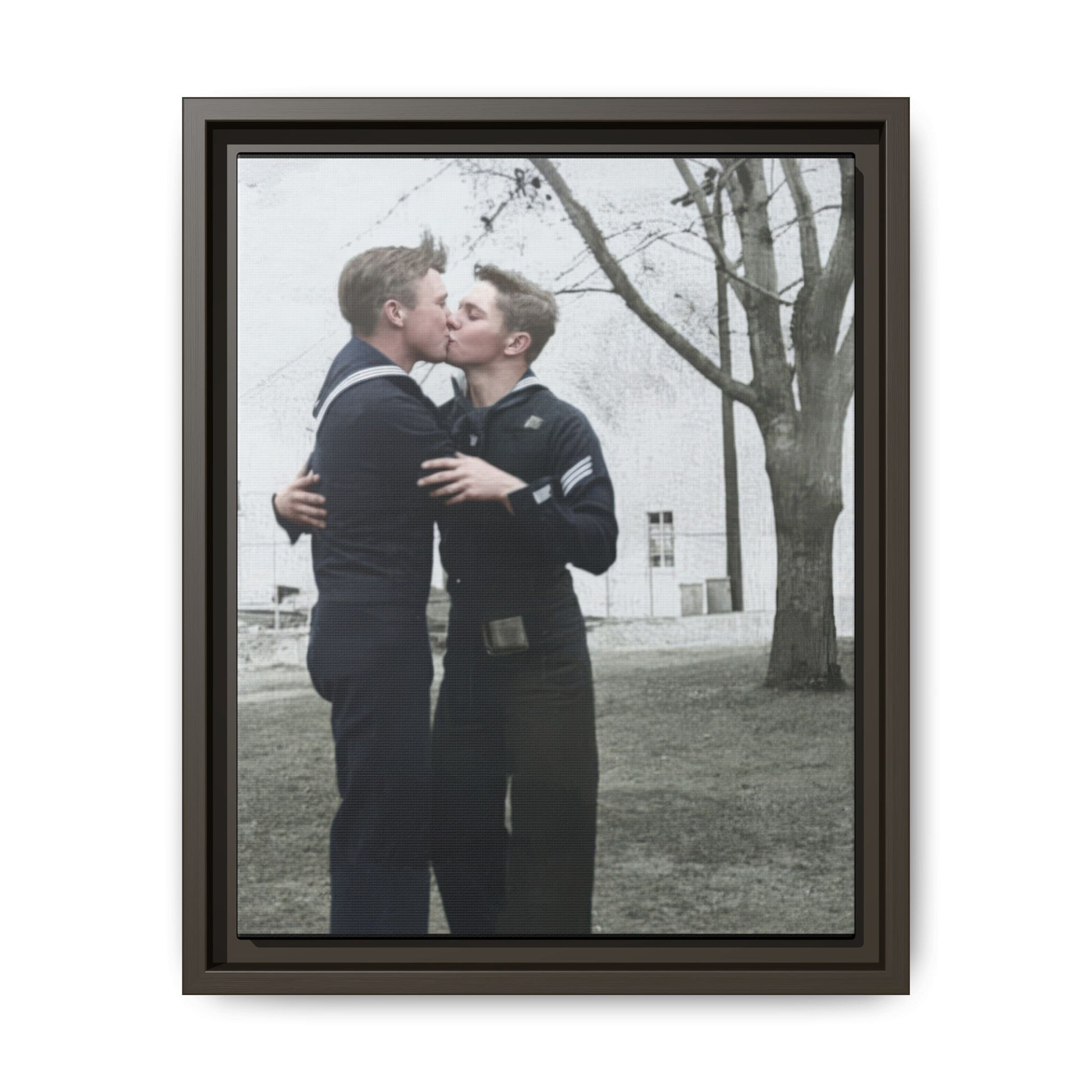 Vintage naval double portrait reproduced as framed canvas wall art in an outdoor setting