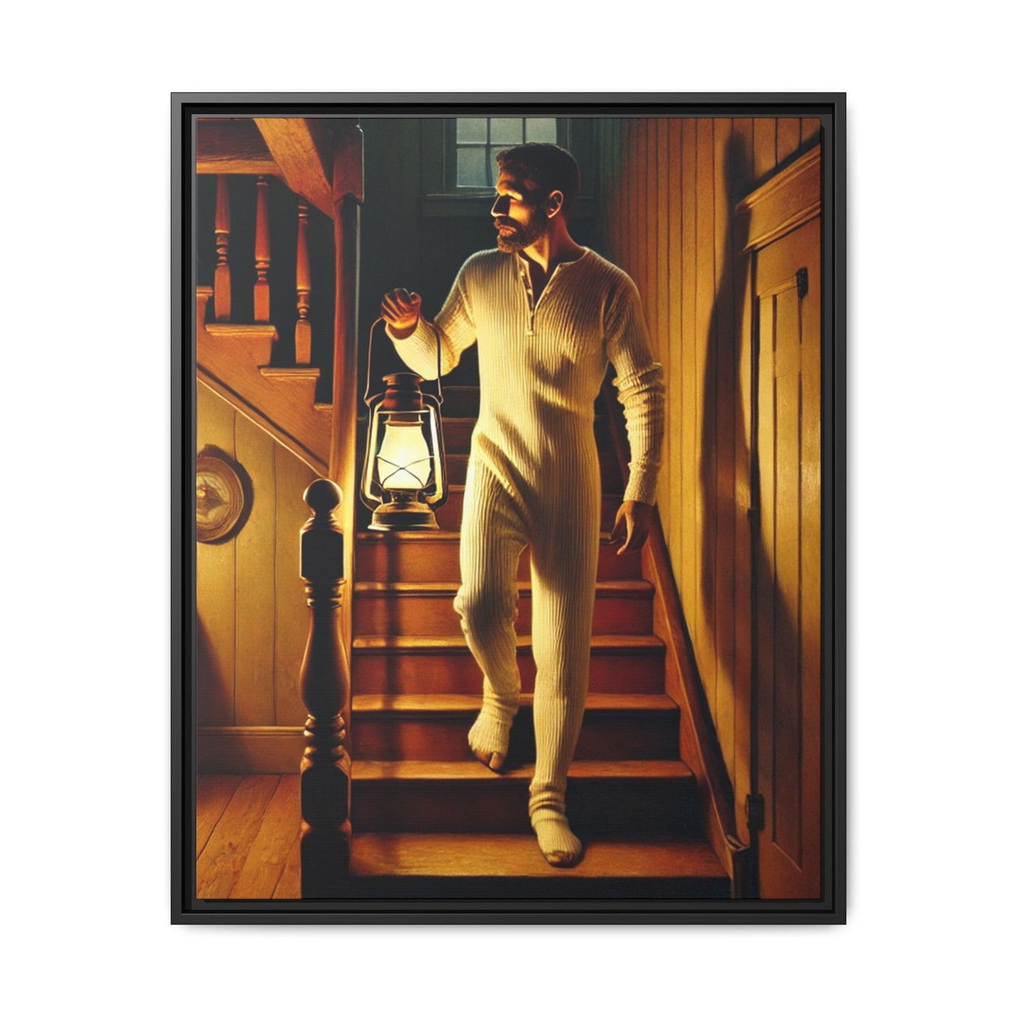 Atmospheric artwork of a man descending wooden stairs with a lantern, inspired by Grant Wood’s rural themes.