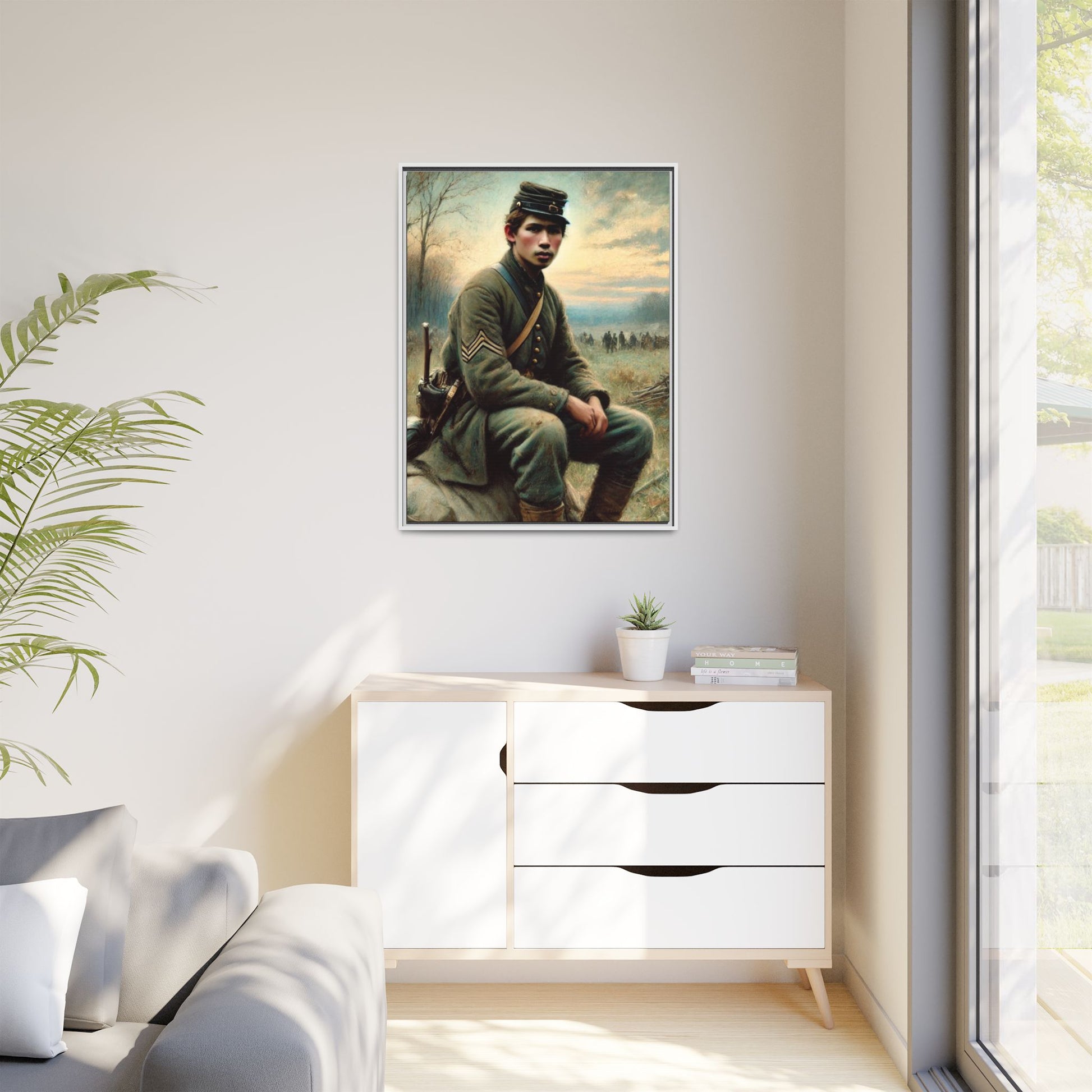 Framed artwork of a Civil War Union soldier inspired by Walt Whitman’s Leaves of Grass and Drum-Taps, depicting themes of sacrifice, strength, and vulnerability amidst a 19th-century battlefield.