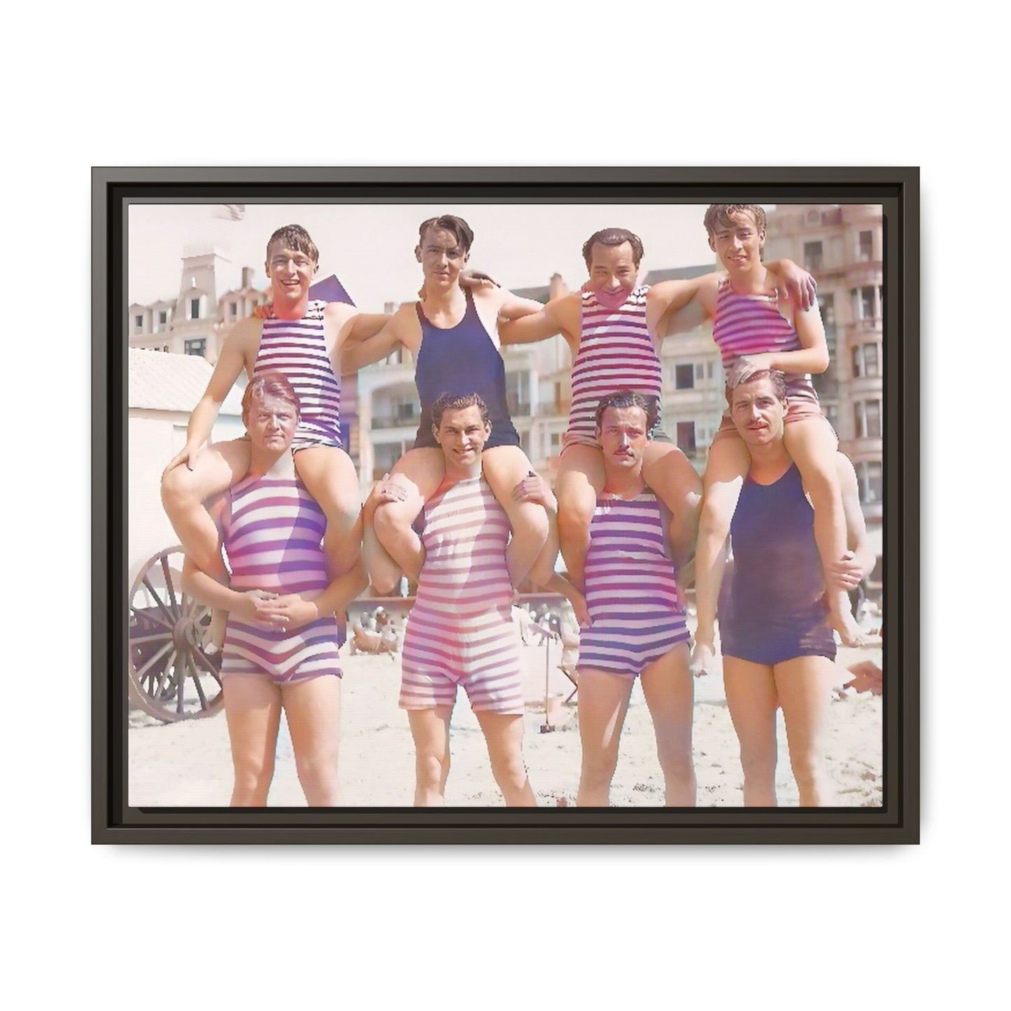 Restored vintage photo of a Bachelor Party in Corpus Christi TX, featuring men in striped swimwear forming human towers, framed canvas art.