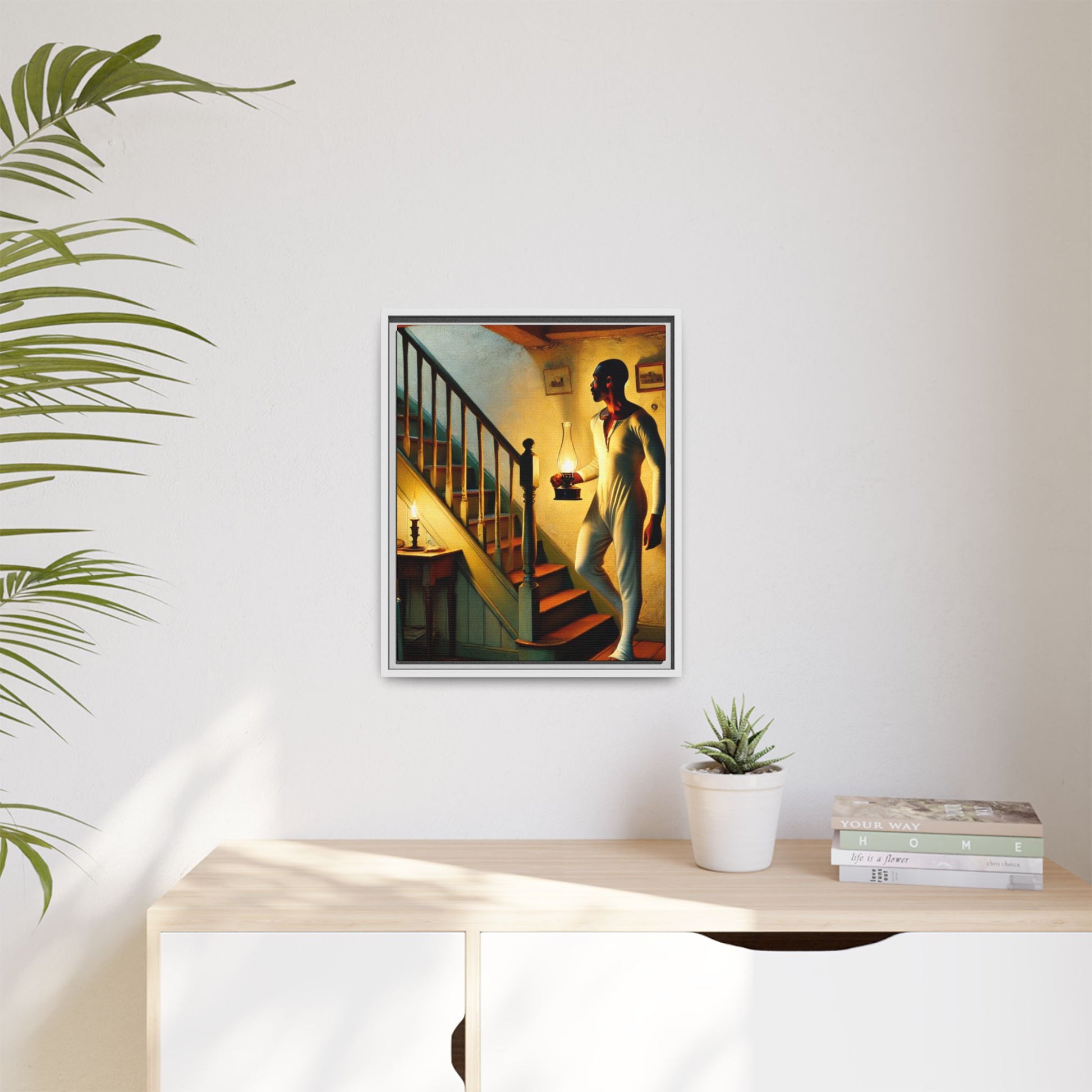 Framed artwork of an African-American man holding a lantern on a staircase, inspired by Grant Wood's style.