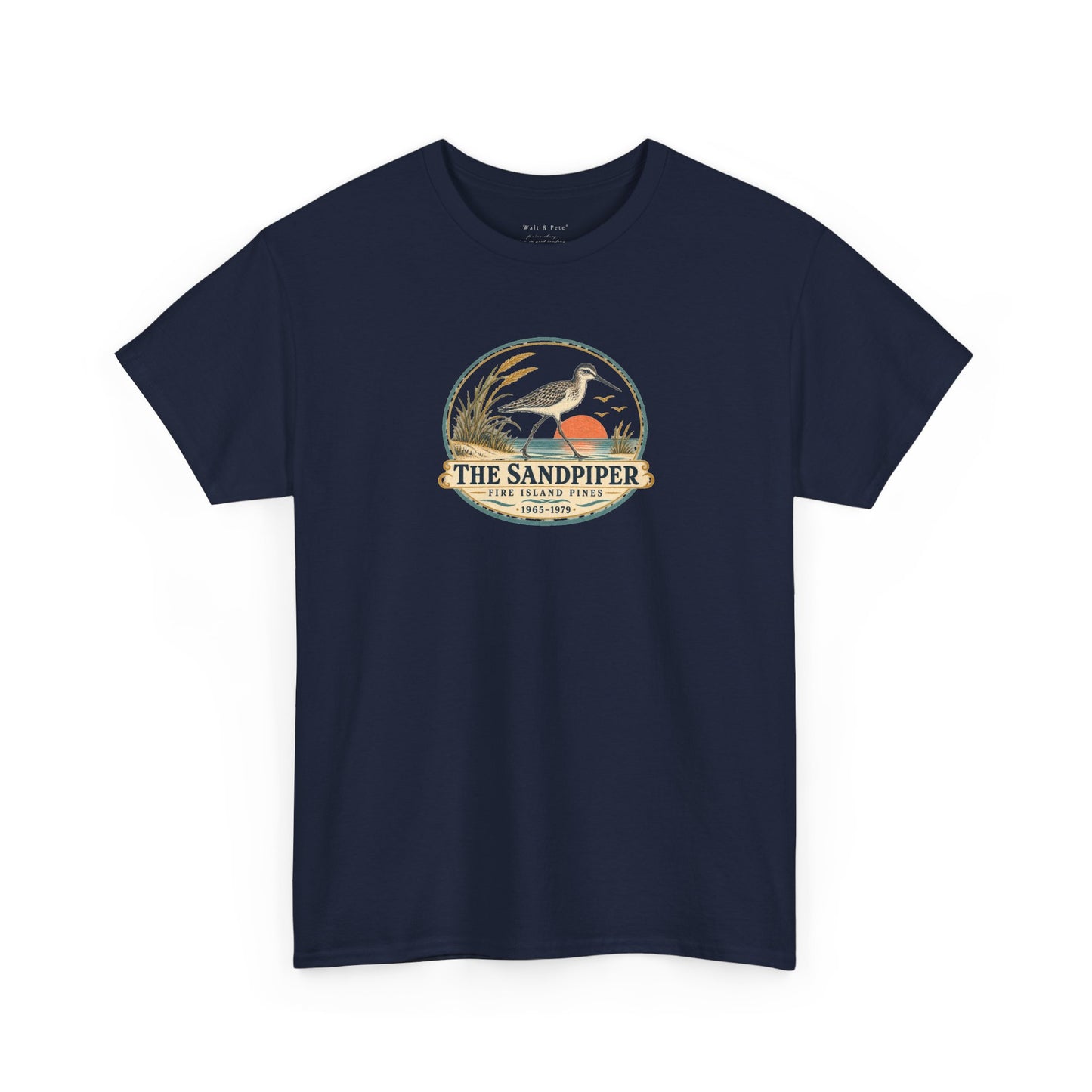 Front of the Sandpiper Fire Island Pines vintage T-shirt featuring a shorebird, setting sun, dune grass and the dates 1965–1979