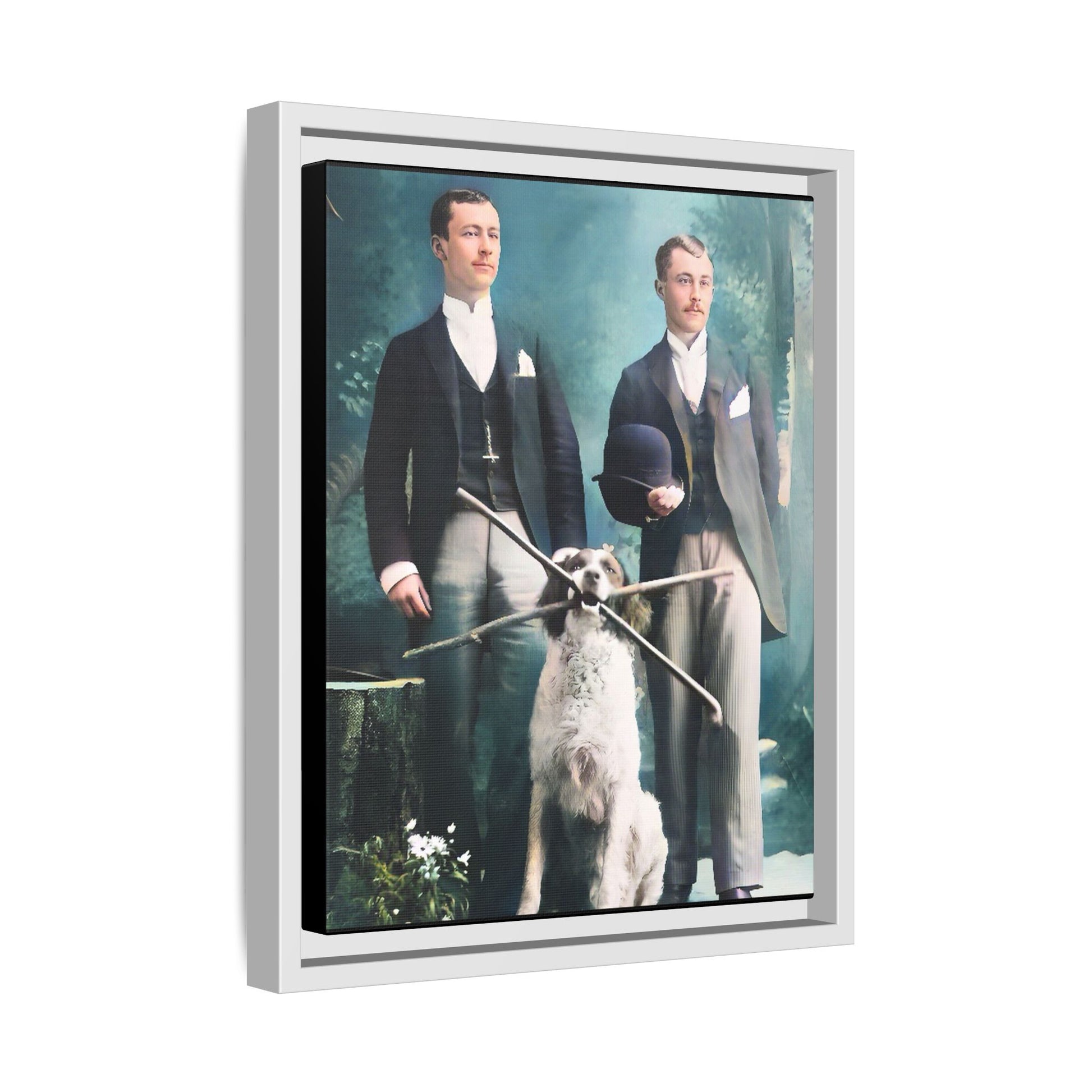 Restored vintage photograph of Patrick and Everett, an Edwardian gay couple with their loyal dog, taken in early 1900s Frankfort, Kentucky. Framed matte canvas print celebrating LGBTQ+ history, love, and companionship.