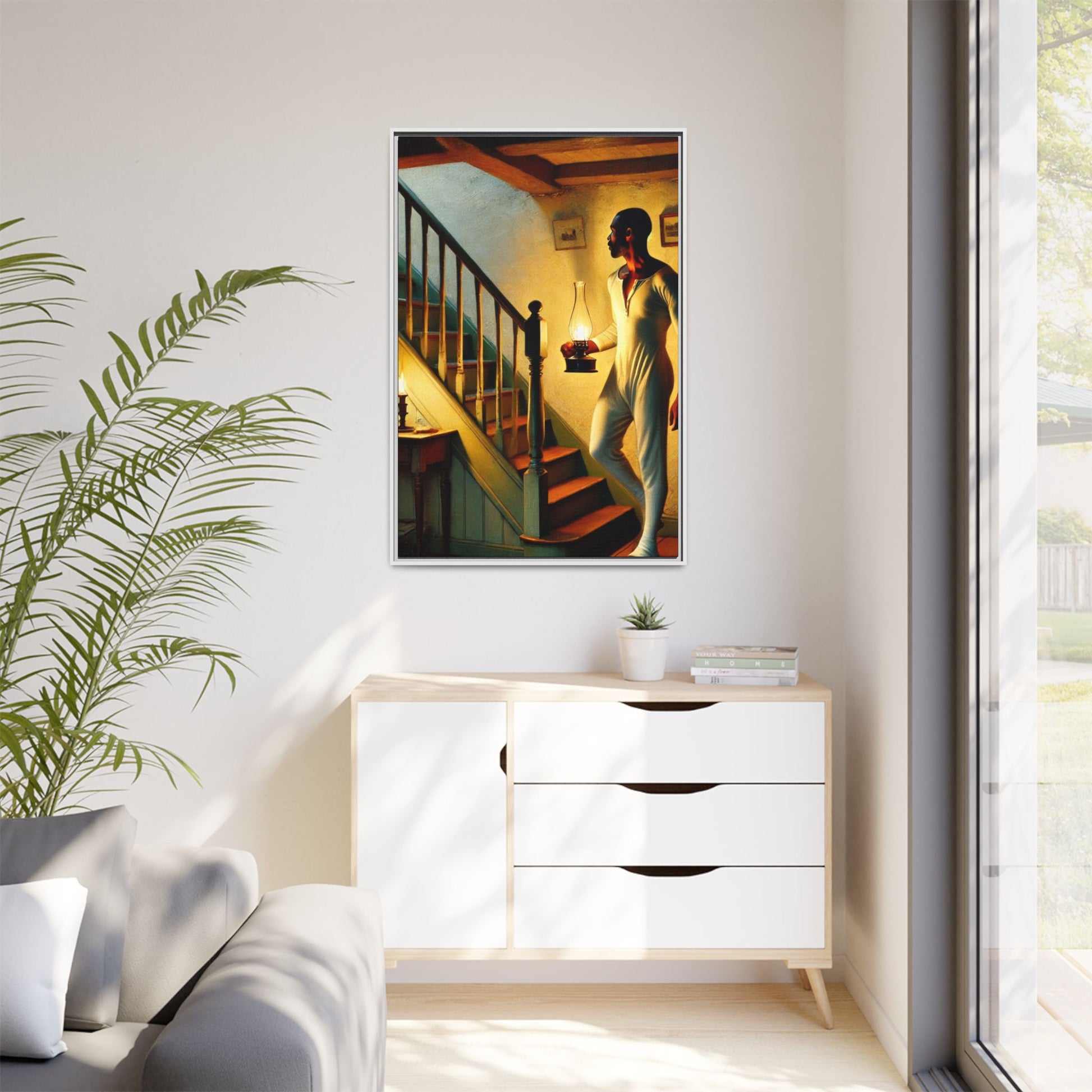 Framed artwork of an African-American man holding a lantern on a staircase, inspired by Grant Wood's style.