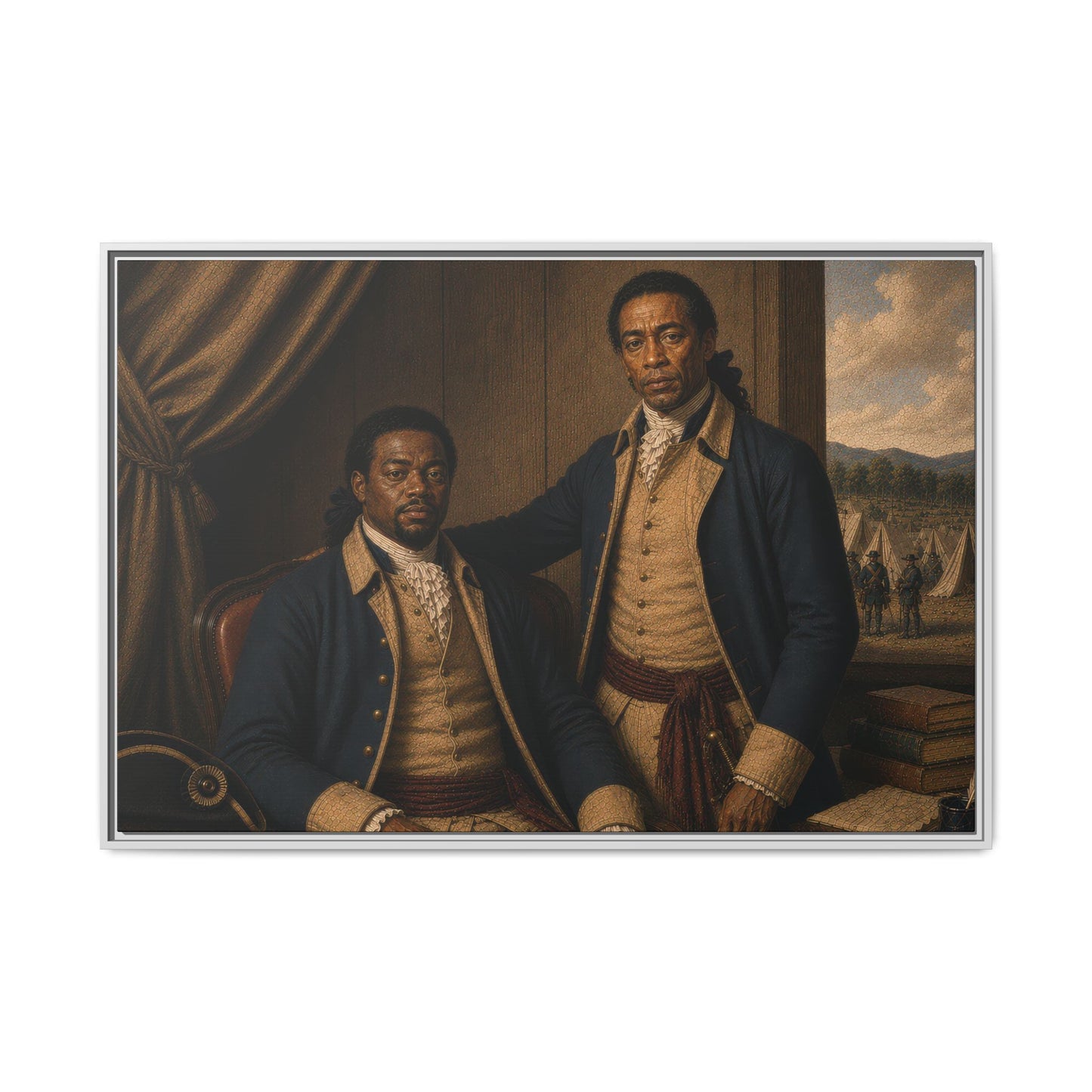 Historical wall art featuring two Black Revolutionary War soldiers beside maps, books, and a camp visible through a window.