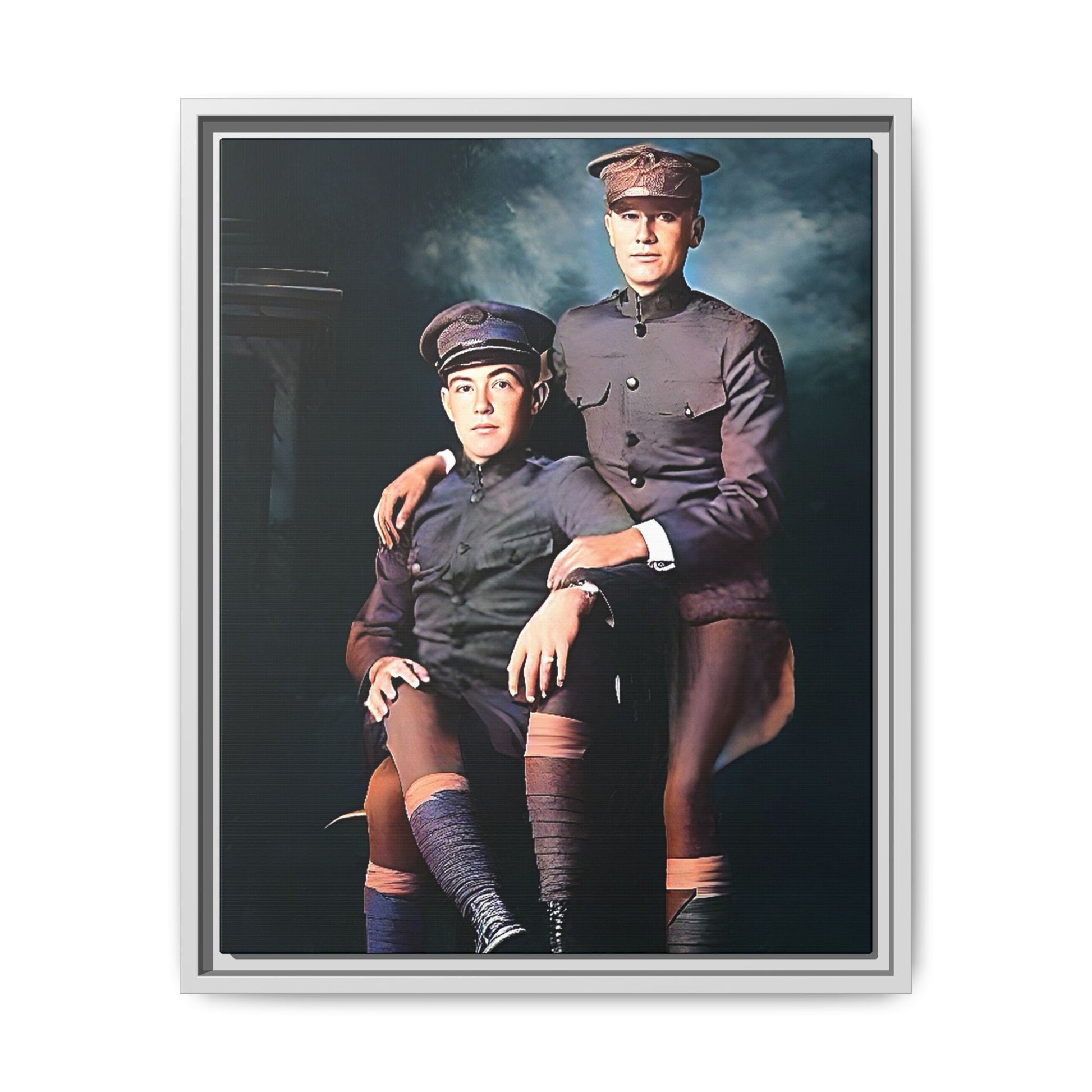 Restored WWI-era photo of Frederick & Hugh, gay soldiers seated together in Providence, Rhode Island, framed canvas art.