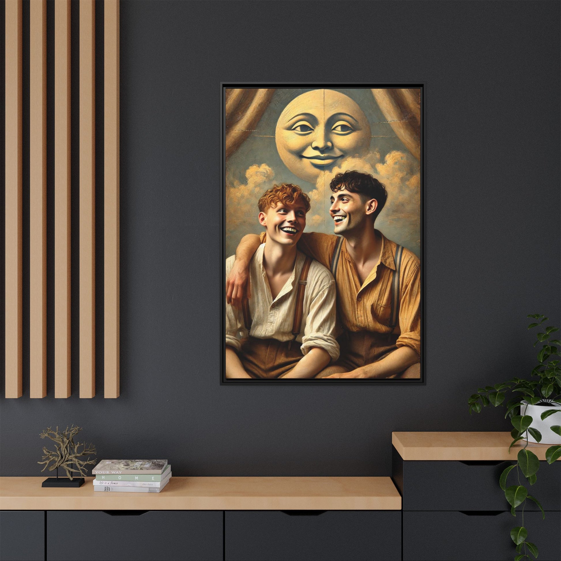 Queer artwork of two joyful young men dressed in vintage clothing with rolled sleeves and suspenders, laughing under a large moon prop in a dreamy studio scene. A celebration of love and resilience reclaimed from forgotten queer histories.
