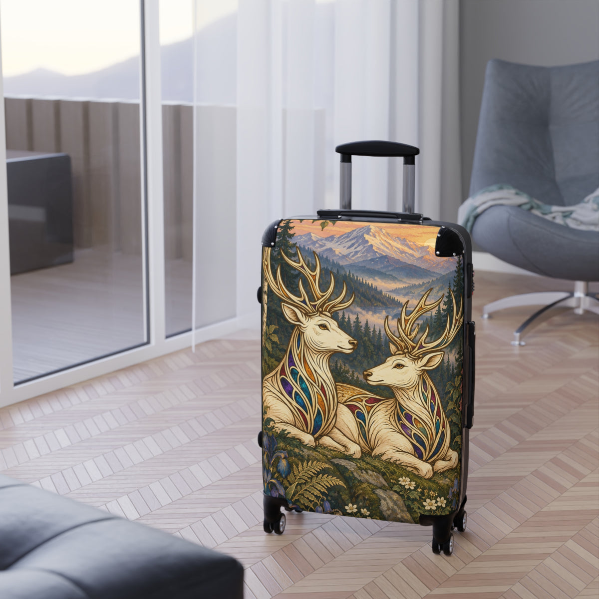 Companions at Dawn Jeweled Stag Suitcase | Aesthetic Movement Travel Luggage