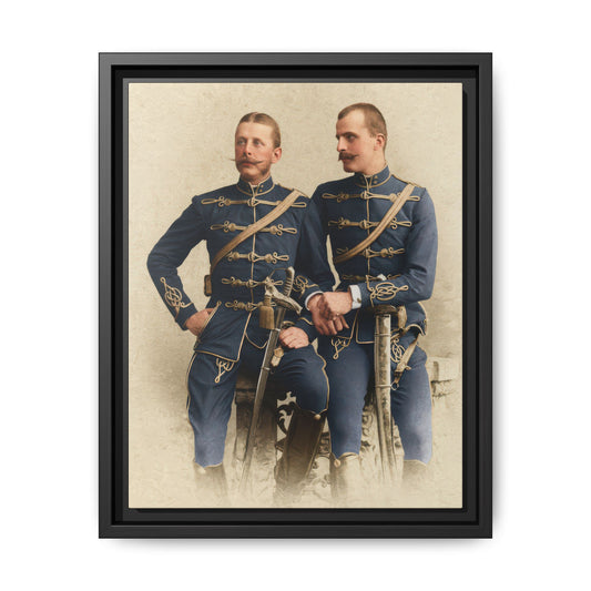 Vintage portrait of two uniformed men seated with swords and decorative attire