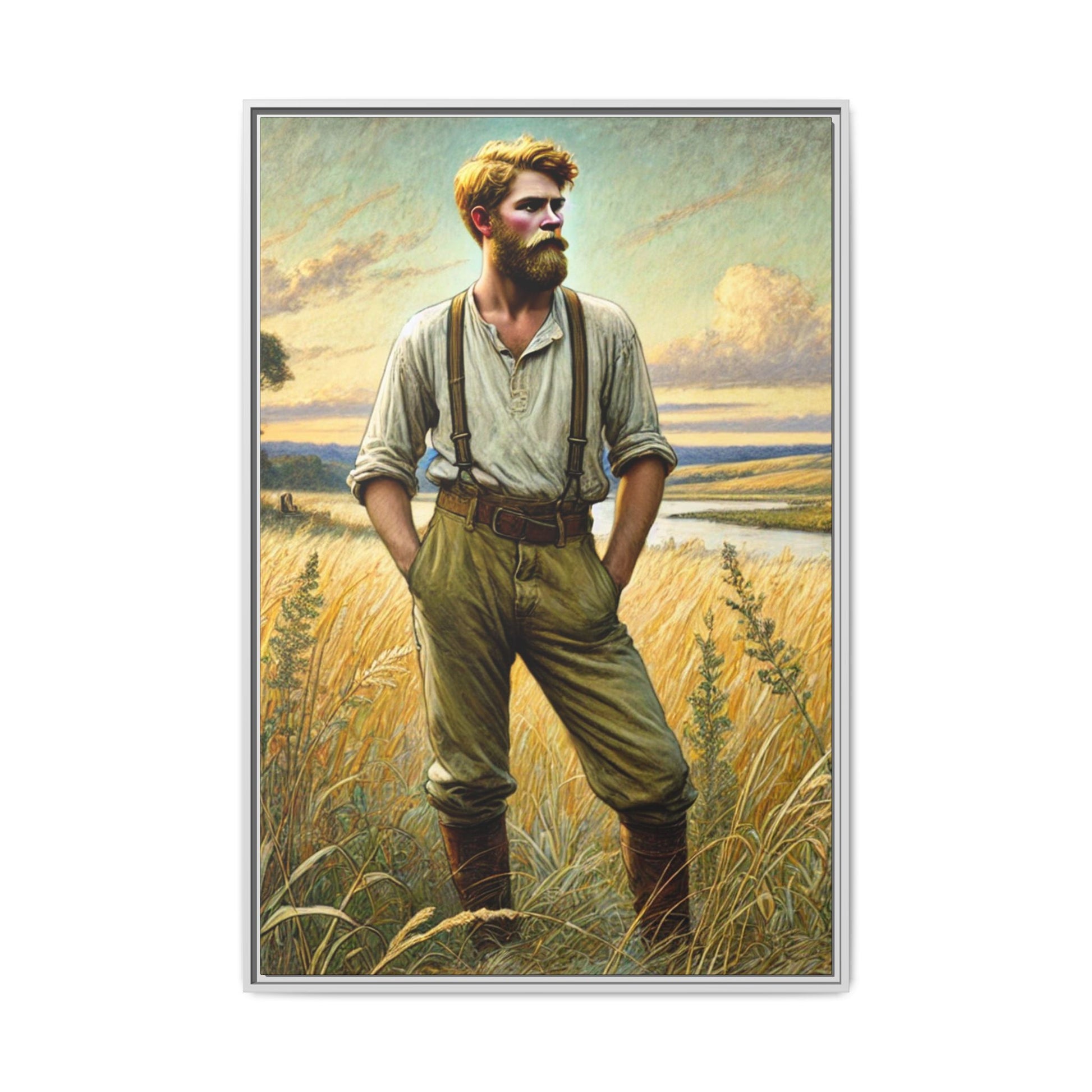 Framed artwork of a confident farmer in 19th-century attire, standing in a golden wheat field, inspired by Walt Whitman’s Song of Myself in Leaves of Grass.