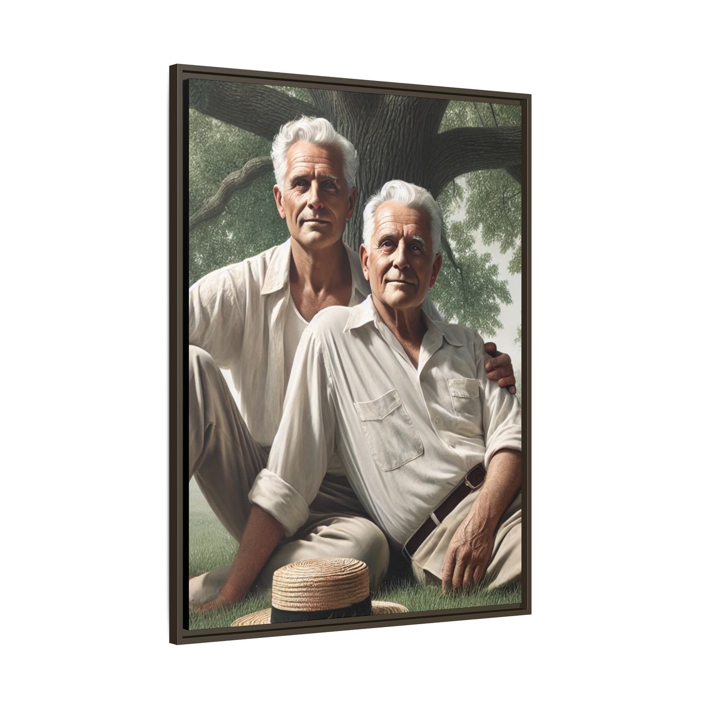 Hyper-realistic painting of an elderly gay couple in 1930s vintage attire under a leafy tree, celebrating love and resilience.