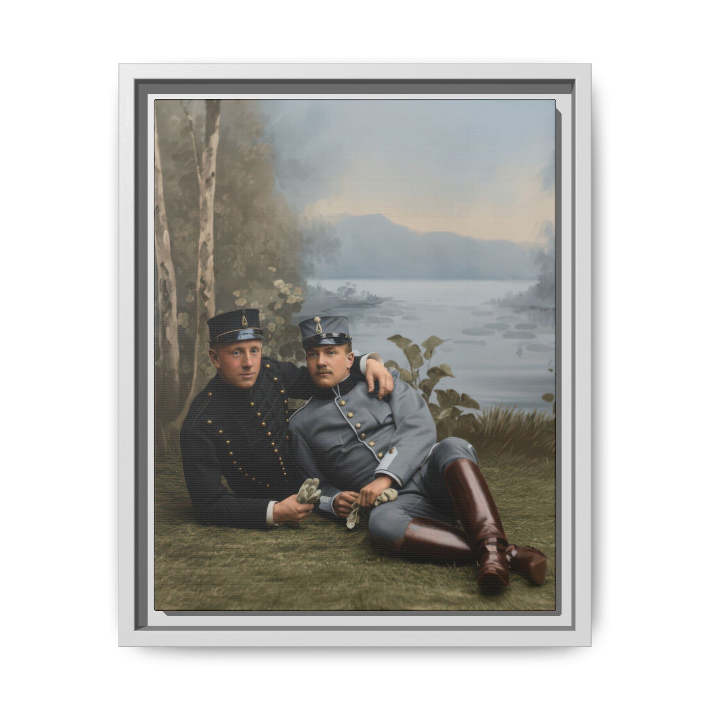 Historical portrait of reclining companions with uniform detail and soft landscape background