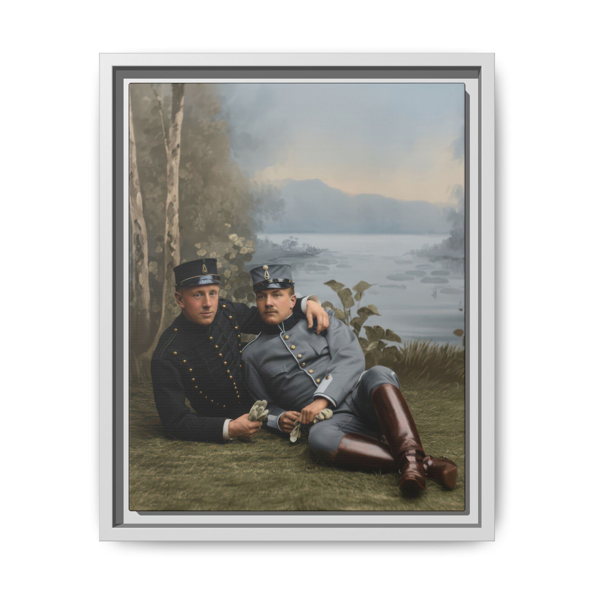 Historical portrait of reclining companions with uniform detail and soft landscape background