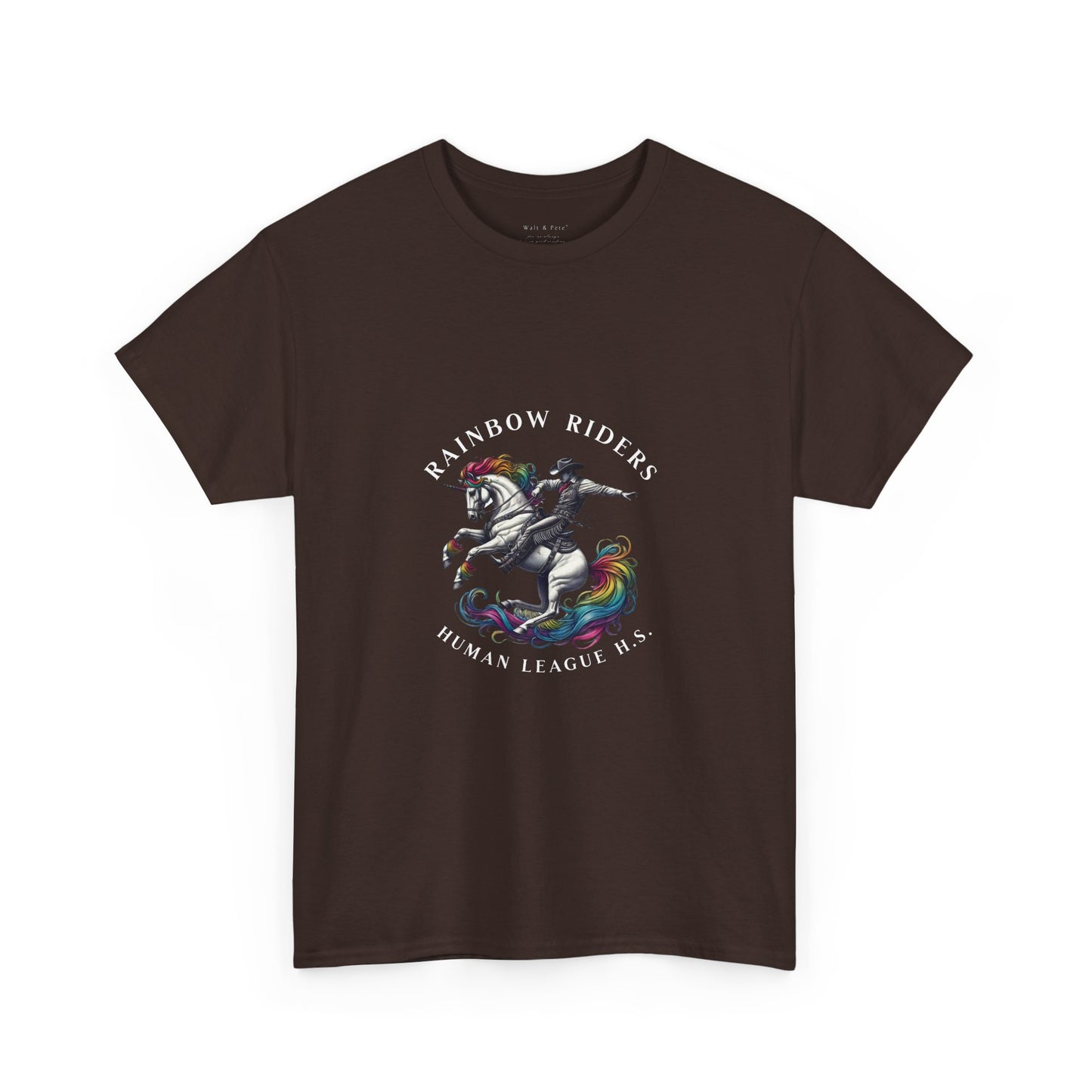 Human League High School Rainbow Riders Pride T-Shirt featuring a vibrant mascot of a unicorn with a rainbow mane and tail, symbolizing diversity, inclusion, and equality