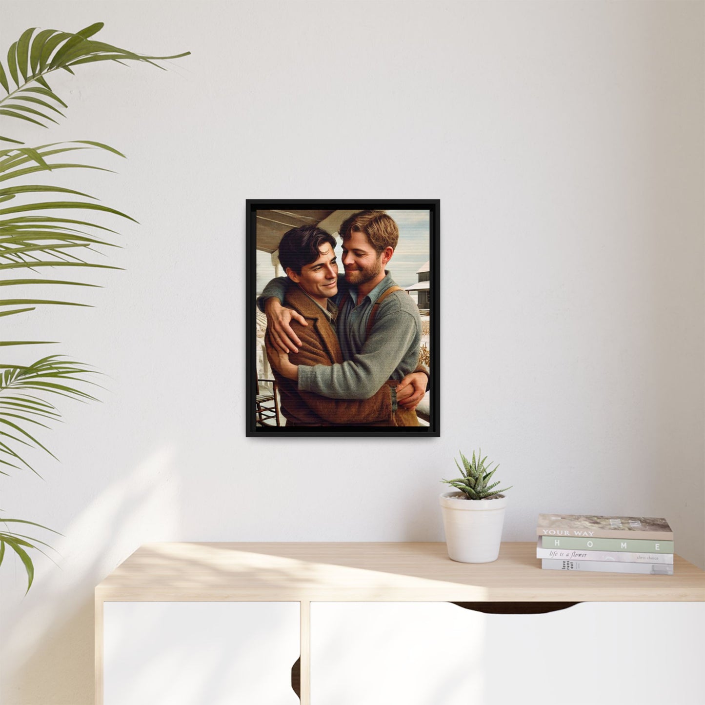 Artwork of a tender moment between two men embracing on a rustic farm porch in 1930s-style clothing. Set against a snowy, vintage rural backdrop, this image captures LGBTQ+ love and connection with a nostalgic Americana feel