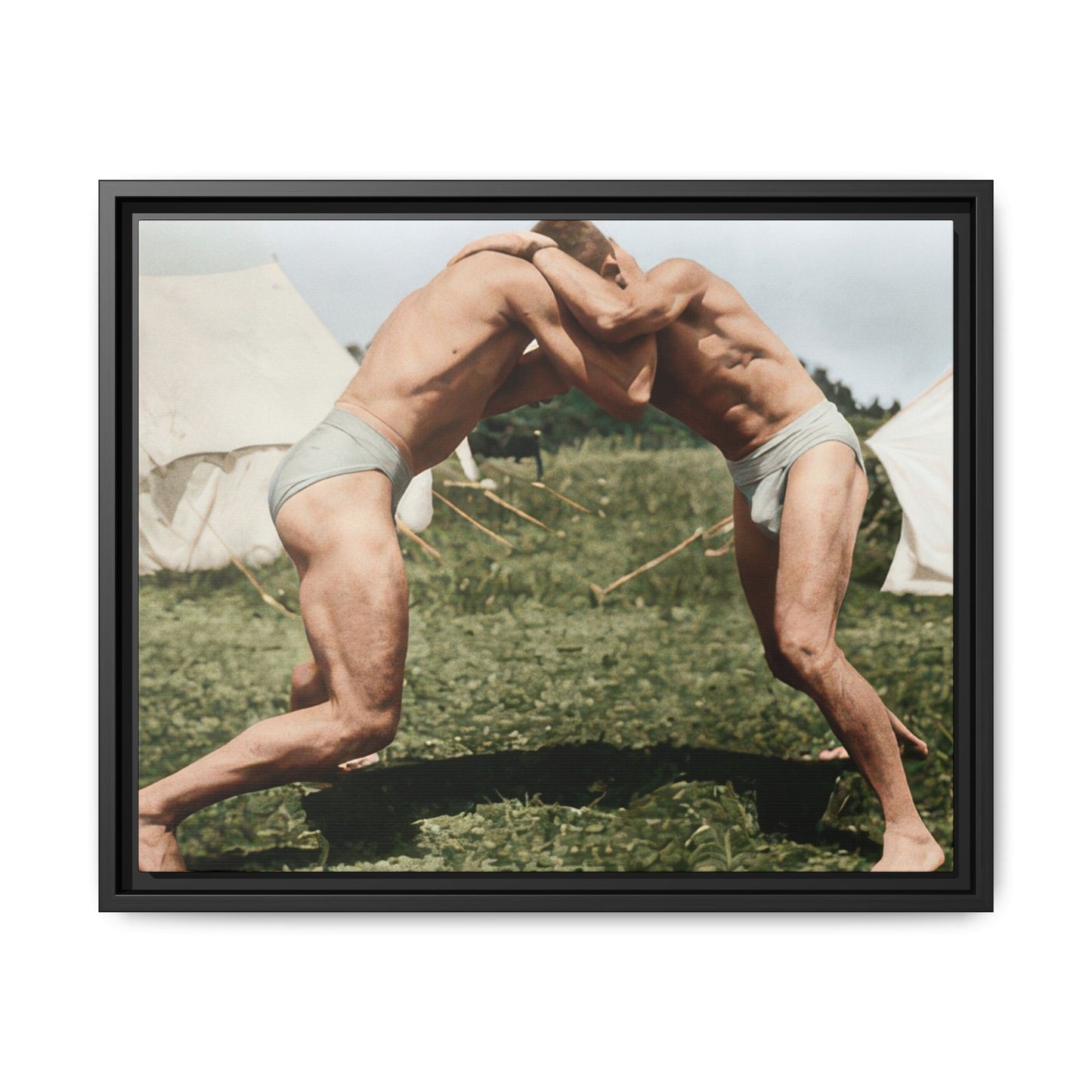 Restored historical wrestling photograph reproduced as horizontal framed canvas wall art 