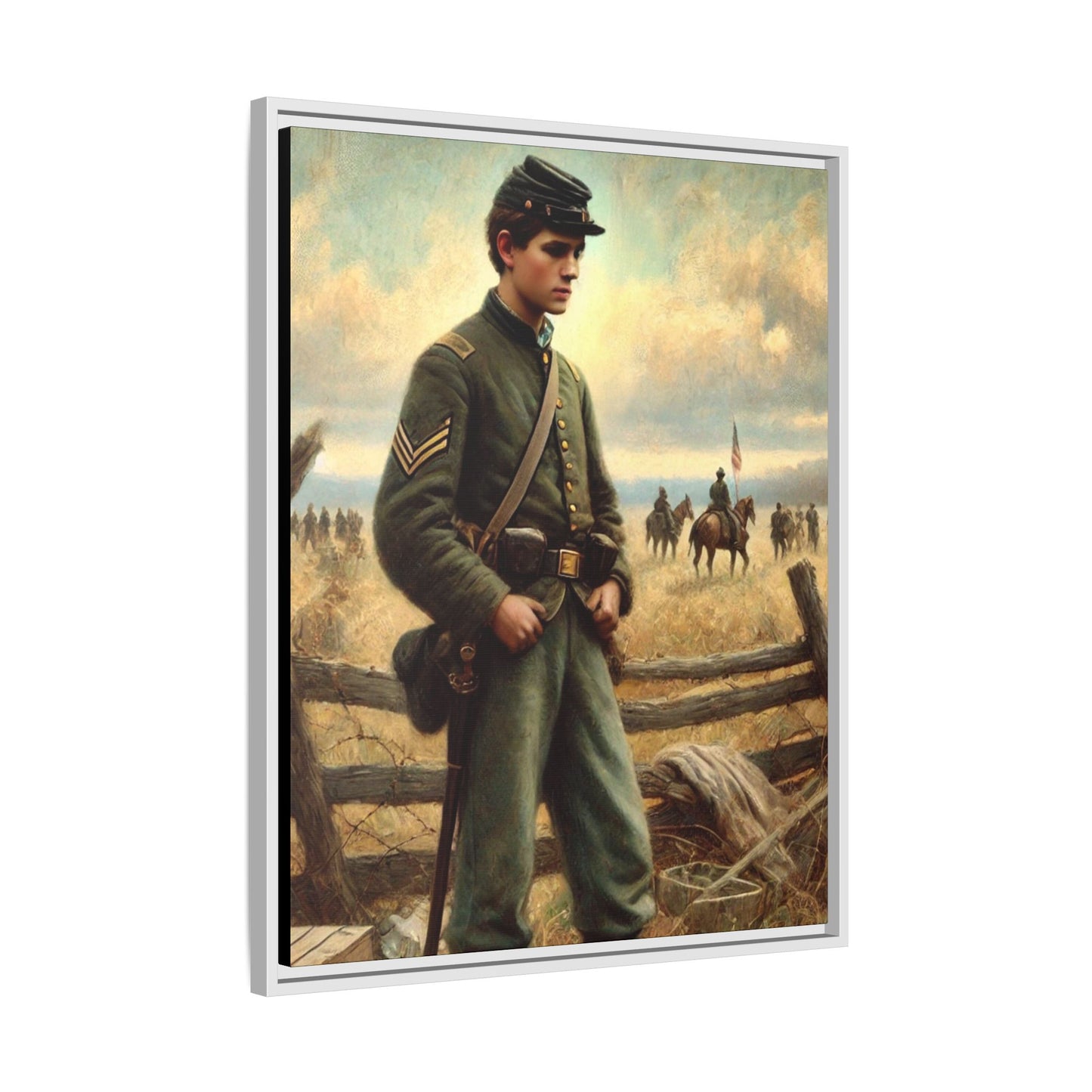 Framed artwork of a young Civil War Union soldier inspired by Walt Whitman’s Drum-Taps poems and Grant Wood's style, depicting battlefield sacrifice, humanity, and historical charm.