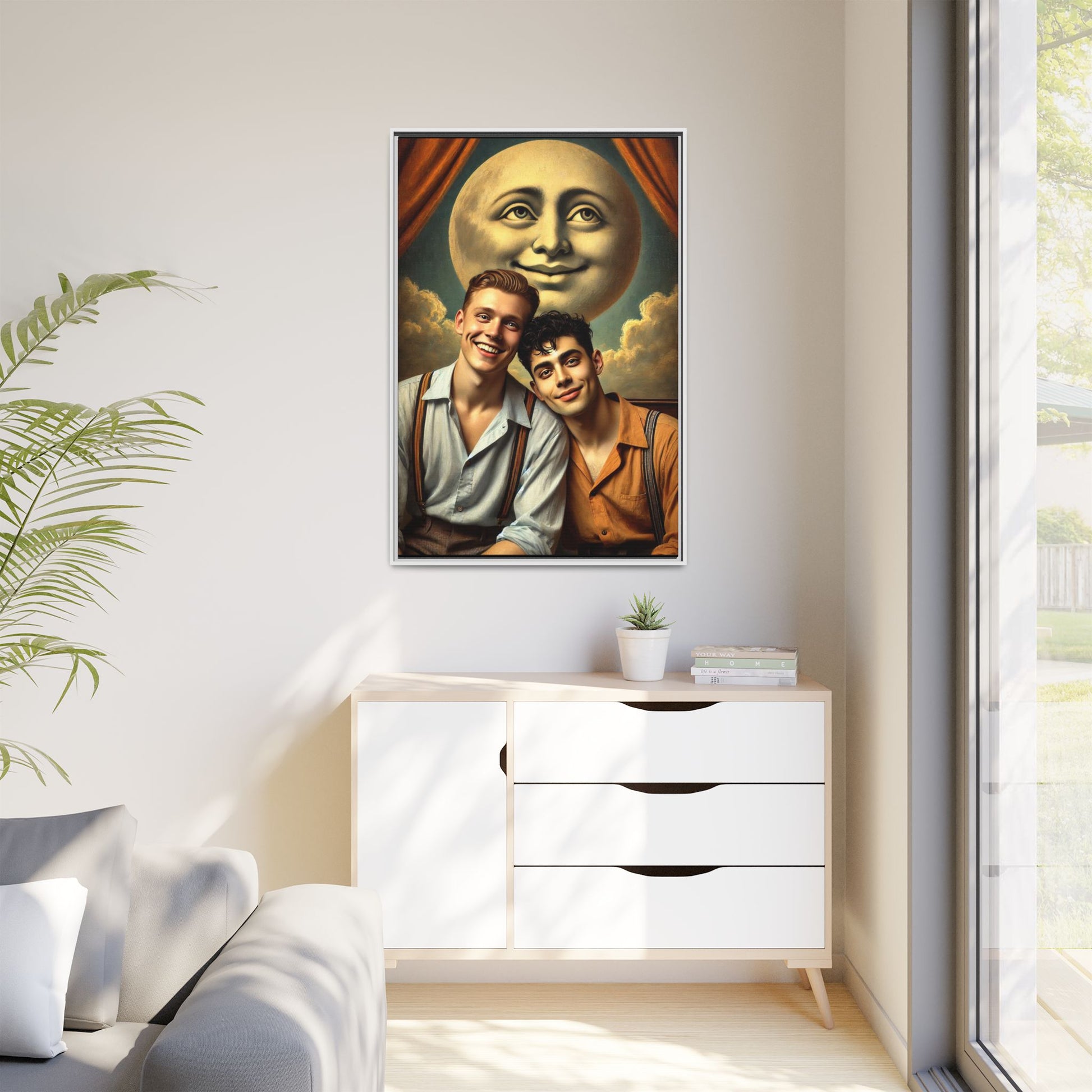 Framed artwork featuring a joyful queer couple in 1930s attire, seated close together beneath a smiling full moon in a theatrical studio setting. A celebration of reclaimed LGBTQ+ narratives in nostalgic portraiture.