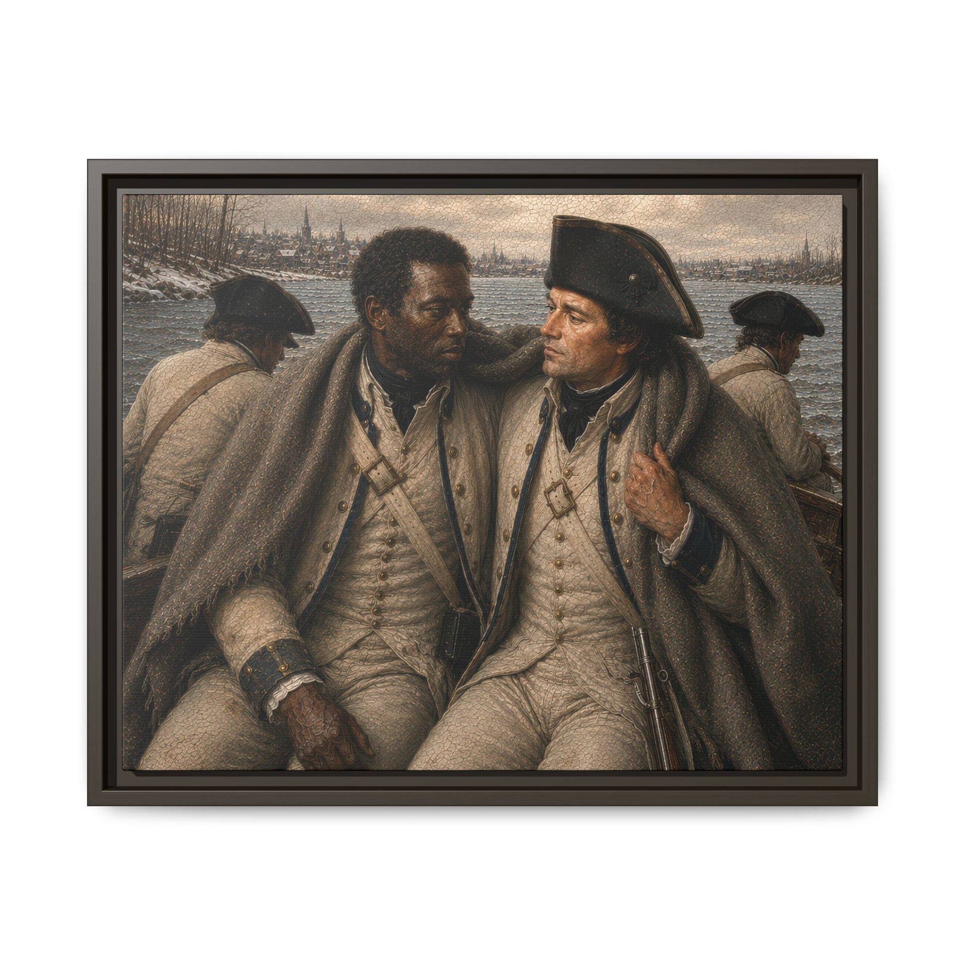 Museum-inspired portrait of two French Expédition Particulière soldiers seated beneath shared wool blankets during a winter river crossing in the Revolutionary War.