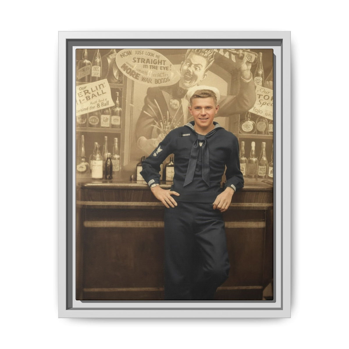 Célibataire 006 sailor portrait with warm brown bar surroundings and background signage reading “Straight in the Eye” and “War Bonds.”