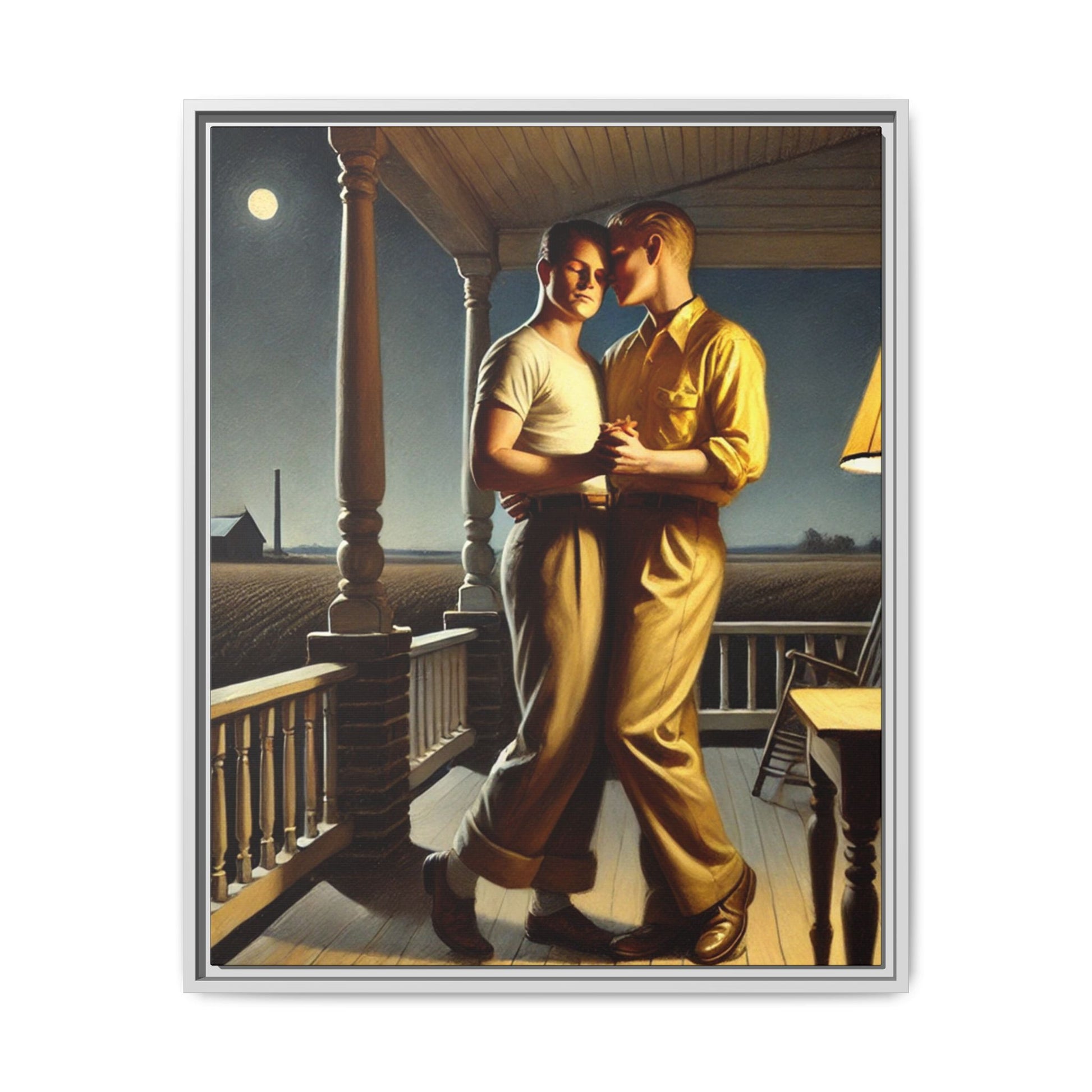 Artwork of a gay couple standing on a farmhouse porch under the moonlight, inspired by Grant Wood’s style.