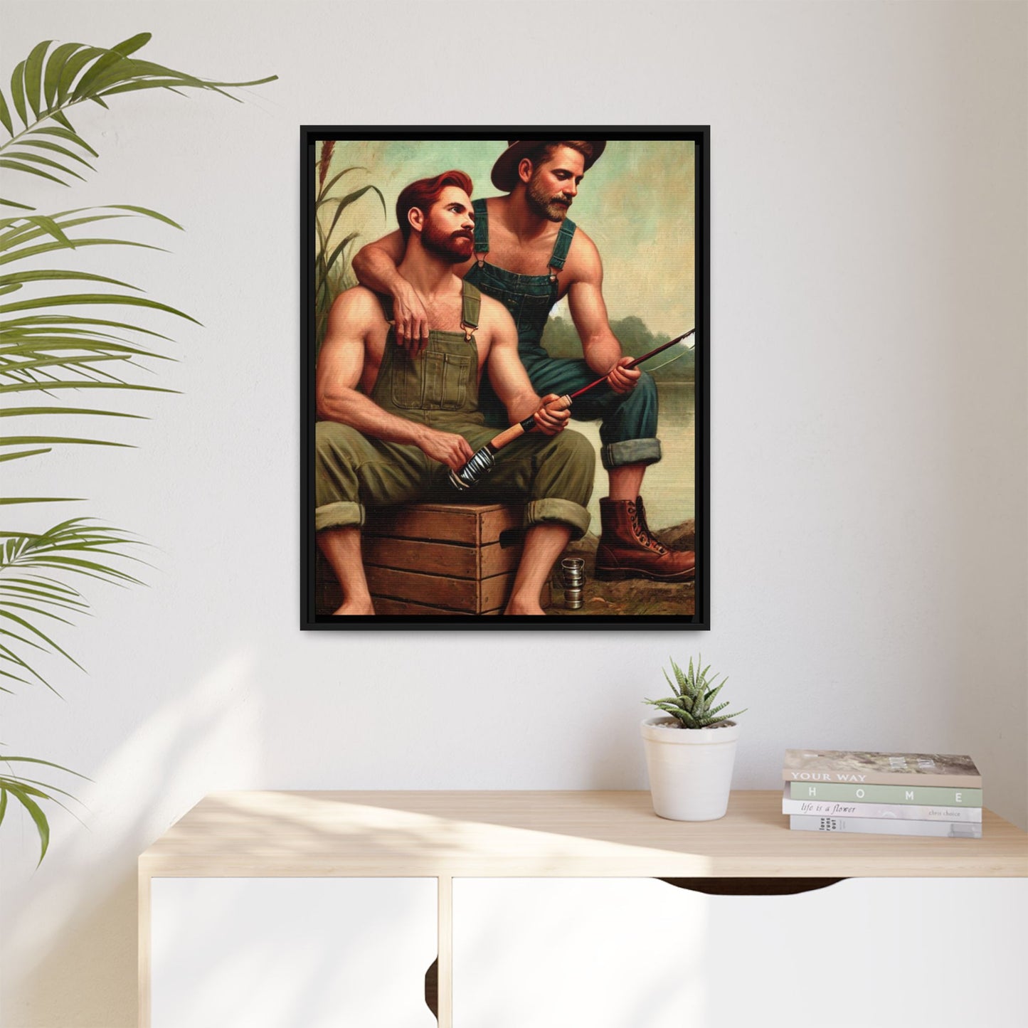 Vintage-style artwork of a gay couple fishing by a tranquil lake in the 1930s, celebrating love and nature.