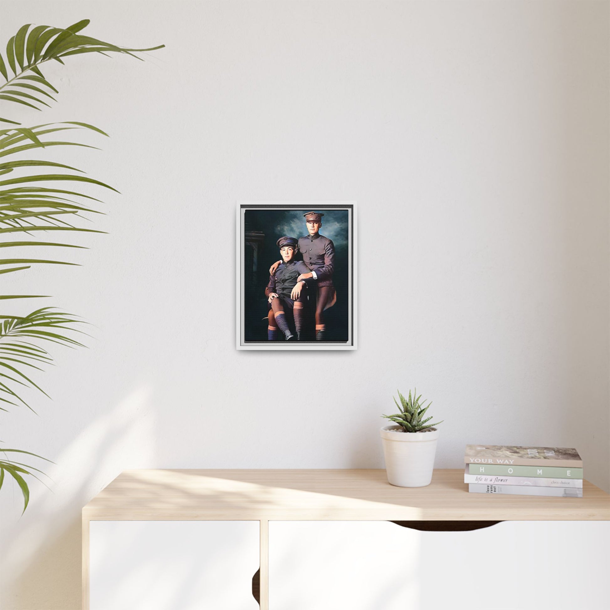 Restored WWI-era photo of Frederick & Hugh, gay soldiers seated together in Providence, Rhode Island, framed canvas art.