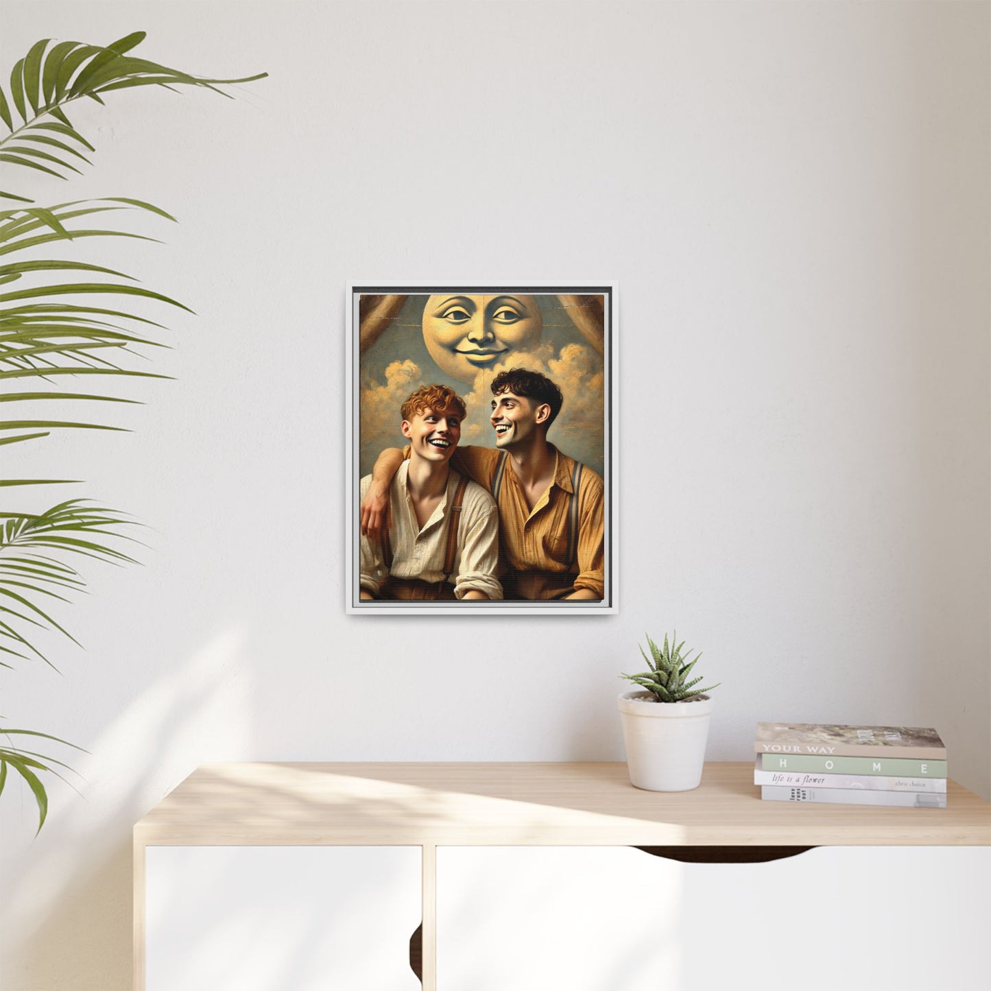 Queer artwork of two joyful young men dressed in vintage clothing with rolled sleeves and suspenders, laughing under a large moon prop in a dreamy studio scene. A celebration of love and resilience reclaimed from forgotten queer histories.