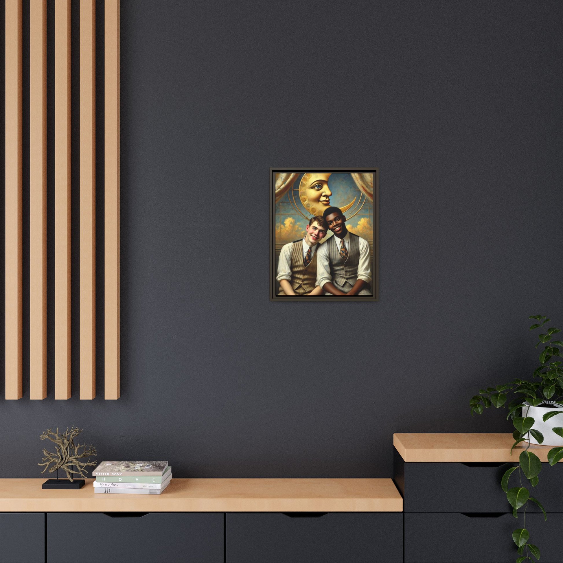 A vintage-style artwork showing a young interracial gay couple in 1920s attire sitting beneath a golden crescent moon with a serene expression. Their joyful closeness reclaims erased queer history and reflects the beauty of interracial love through a lens of tenderness and celebration.