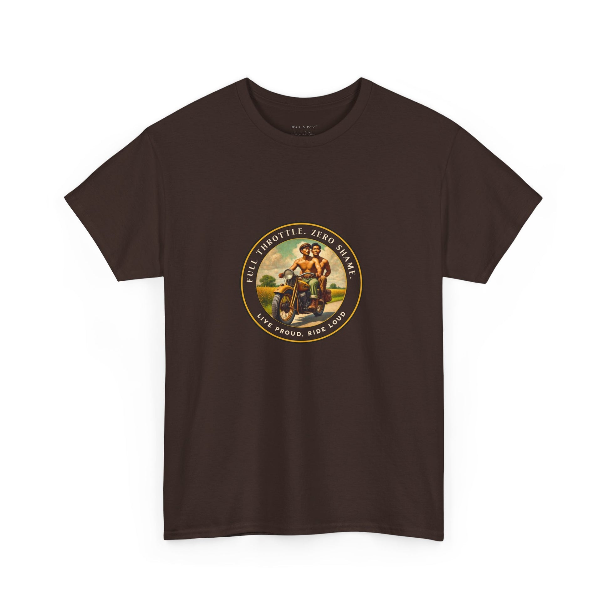  Vintage-inspired LGBTQ+ pride t-shirt featuring a 1930s-style image of two shirtless Asian men riding a motorcycle. With affirmations like “Full Throttle. Zero Shame” and “Live Proud. Ride Loud,” this tee honors queer freedom, Asian pride, and bold love.