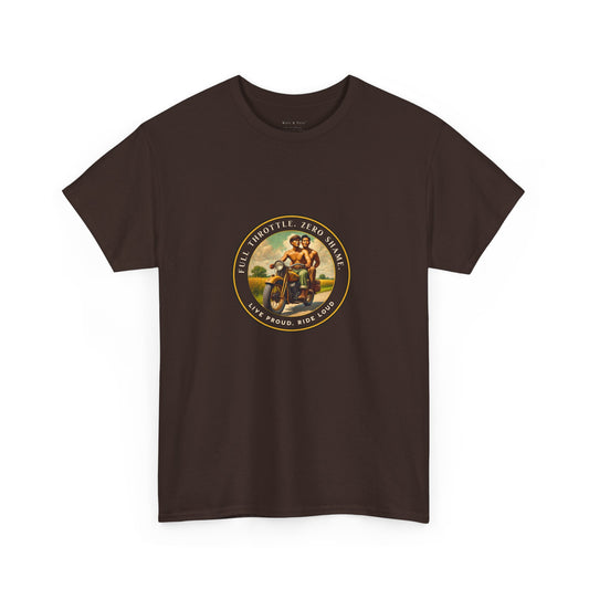  Vintage-inspired LGBTQ+ pride t-shirt featuring a 1930s-style image of two shirtless Asian men riding a motorcycle. With affirmations like “Full Throttle. Zero Shame” and “Live Proud. Ride Loud,” this tee honors queer freedom, Asian pride, and bold love.