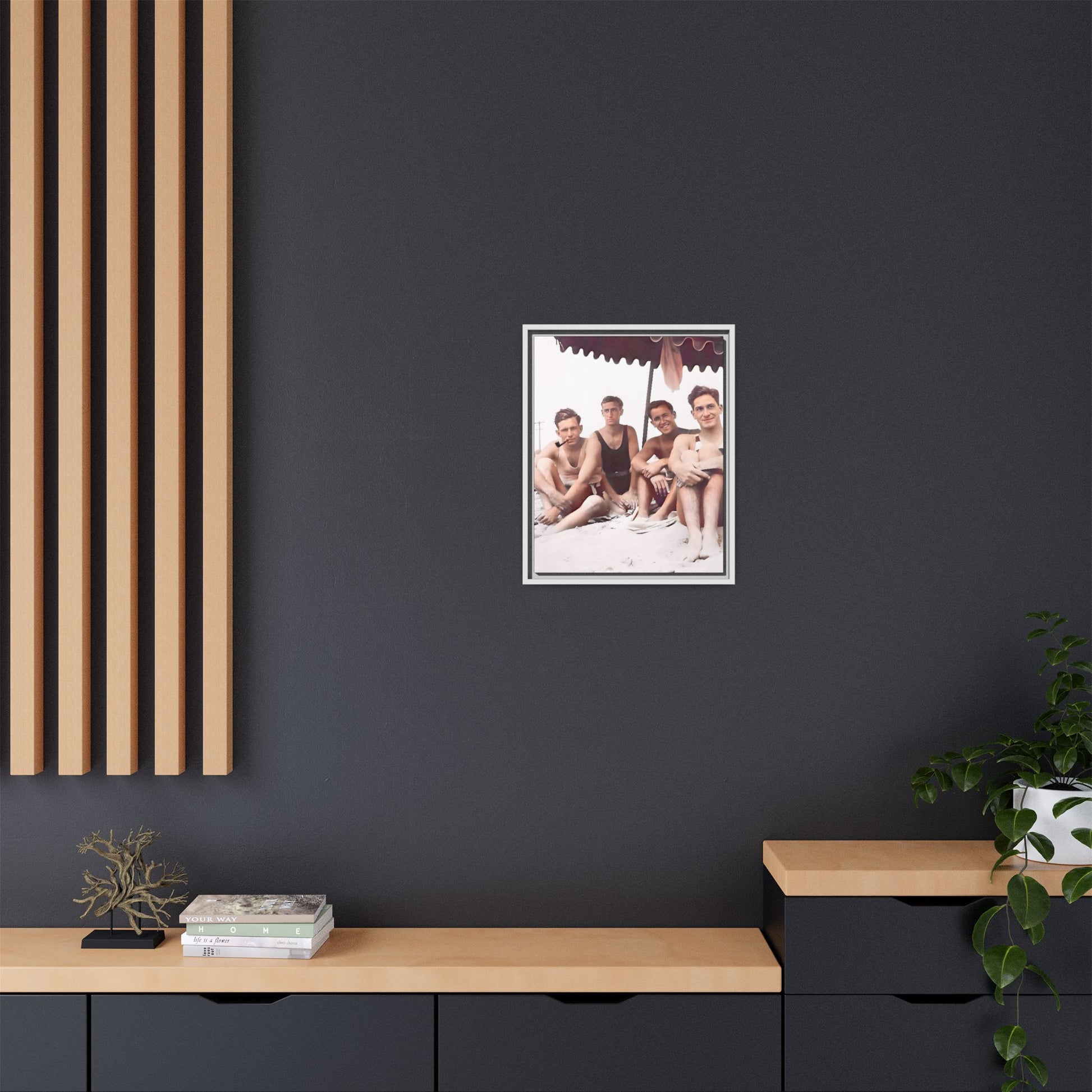 Restored vintage 1920s photograph of men enjoying a sunny beach day in Asbury Park, New Jersey, under a striped canopy. Framed matte canvas print celebrating LGBTQ+ history, joy, and camaraderie. Gay Friends