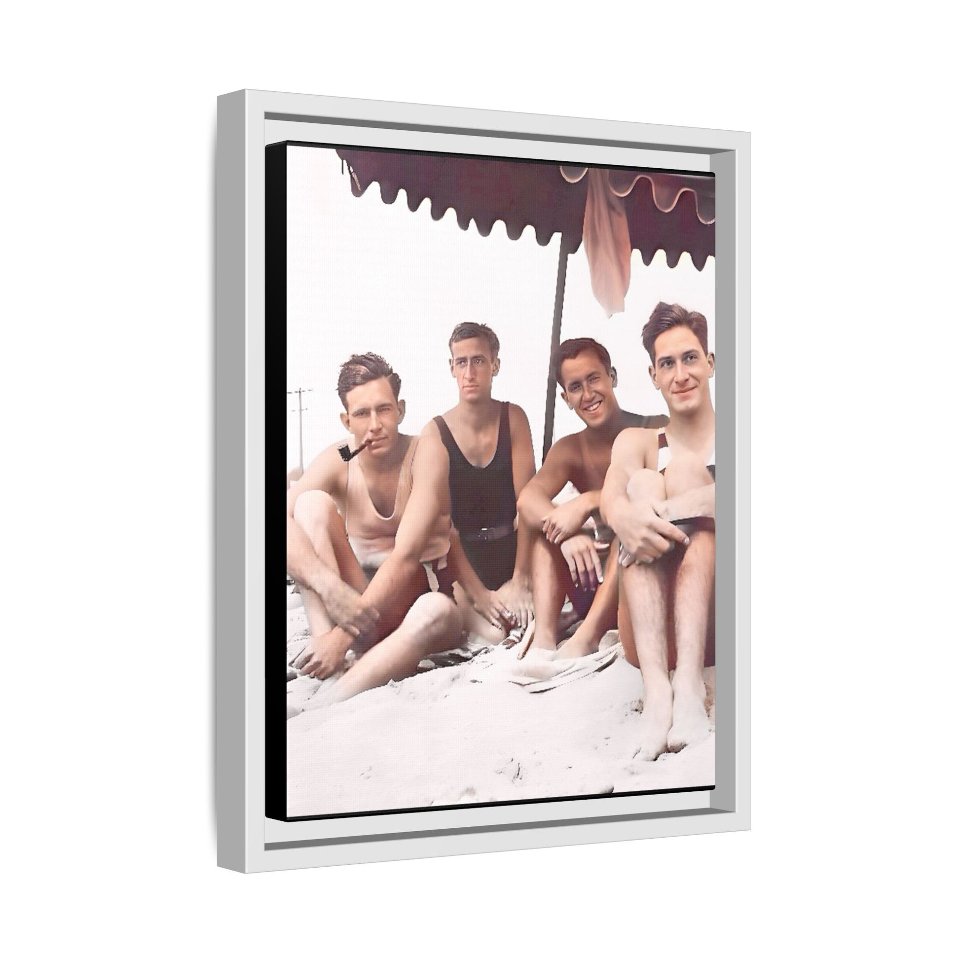 Restored vintage 1920s photograph of men enjoying a sunny beach day in Asbury Park, New Jersey, under a striped canopy. Framed matte canvas print celebrating LGBTQ+ history, joy, and camaraderie. Gay Friends