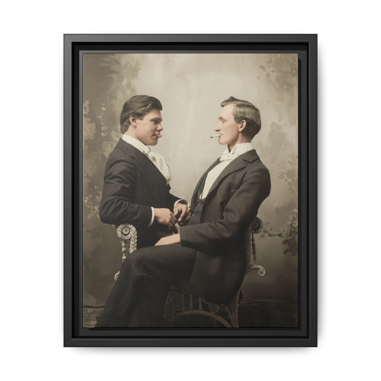 Vintage formal portrait of two men in dark suits facing each other framed canvas wall art