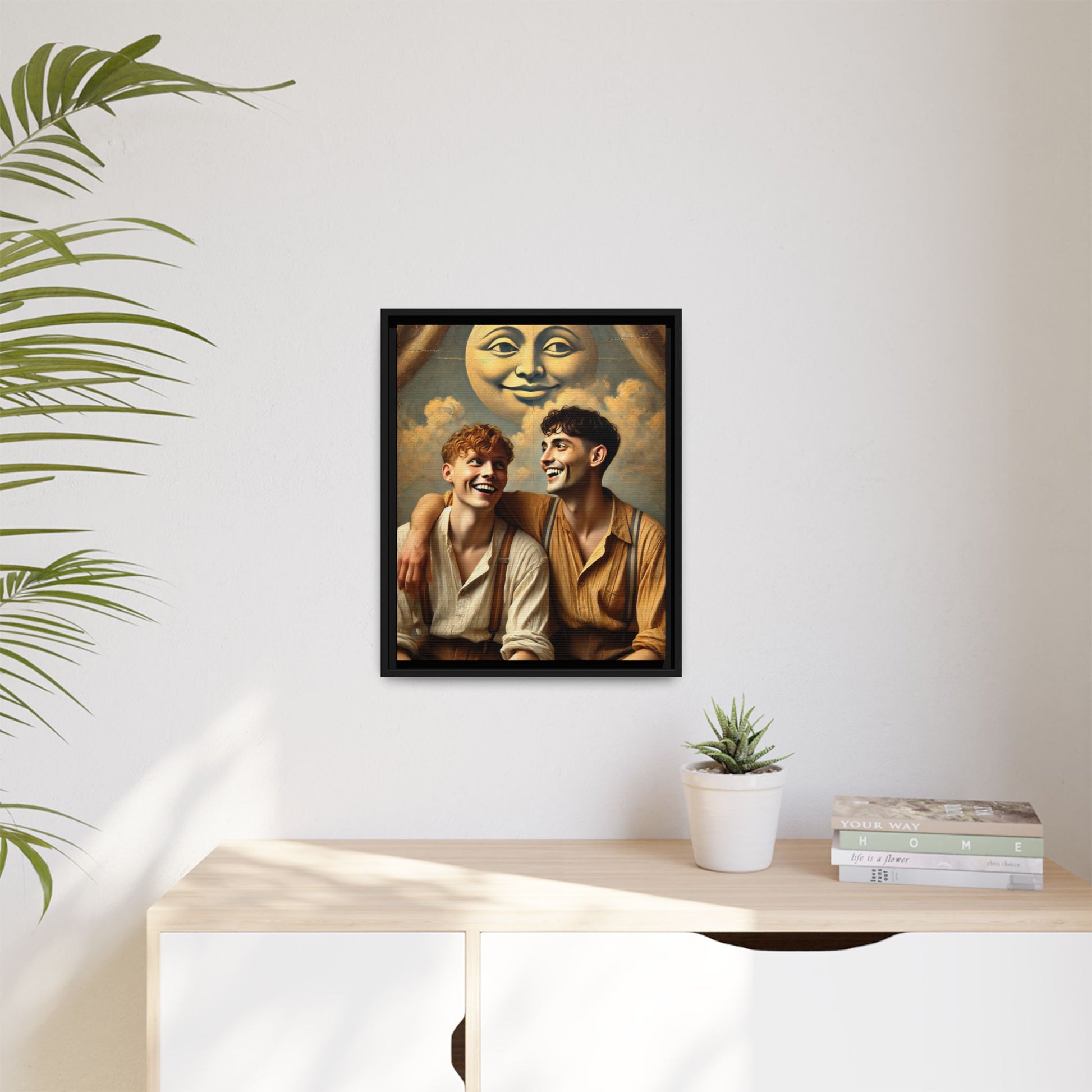 Queer artwork of two joyful young men dressed in vintage clothing with rolled sleeves and suspenders, laughing under a large moon prop in a dreamy studio scene. A celebration of love and resilience reclaimed from forgotten queer histories.