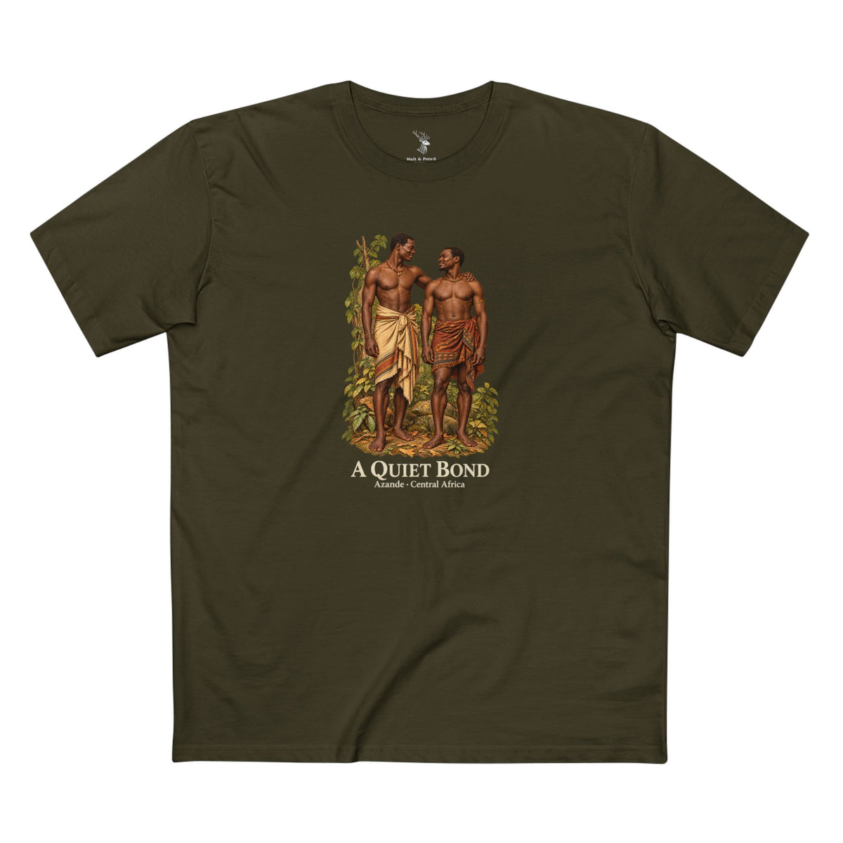 Dark T-shirt featuring two adult men together in a woodland setting, with ivory lettering reading A Quiet Bond, Azande · Central Africa.